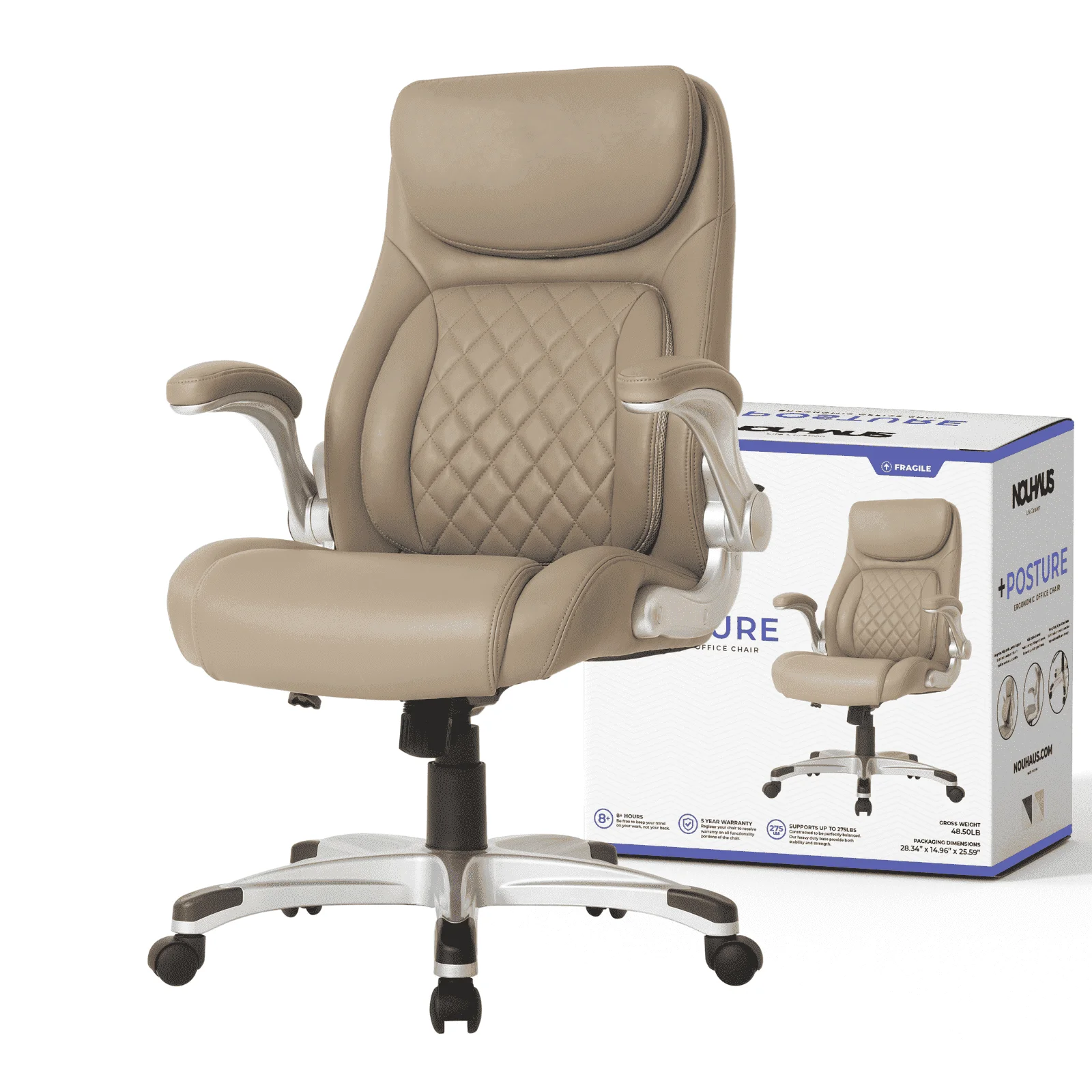 Nouhaus Posture Ergonomic PU Leather Office Chair. Click5 Lumbar Support with FlipAdjust Armrests. Modern Executive Chair and Computer Desk Chair