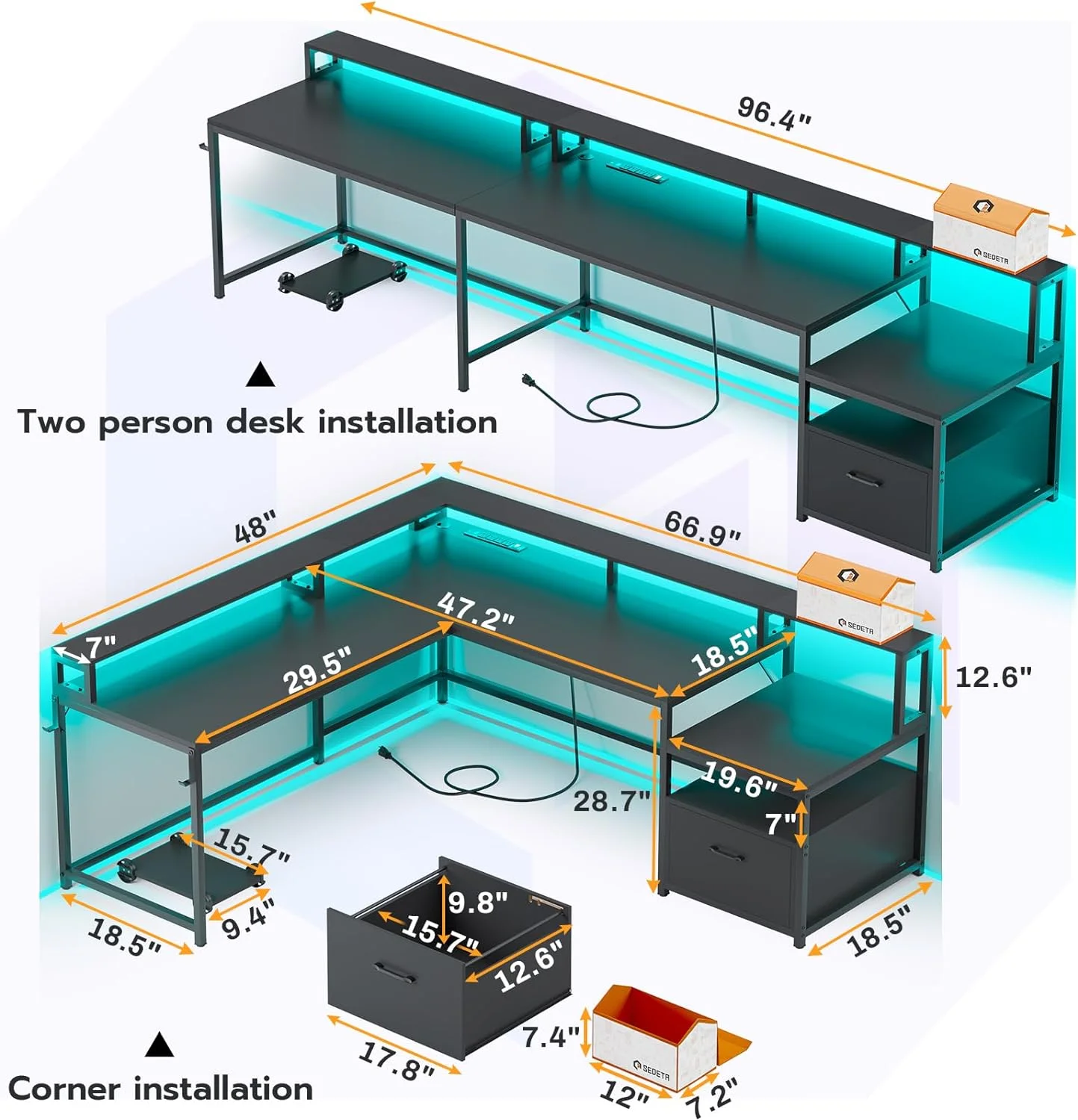 L Shaped Desk with Power Outlet and LED Lights, Corner Computer Desk with File Drawer for Home Office,  Gaming Desk,  Rustic Brown