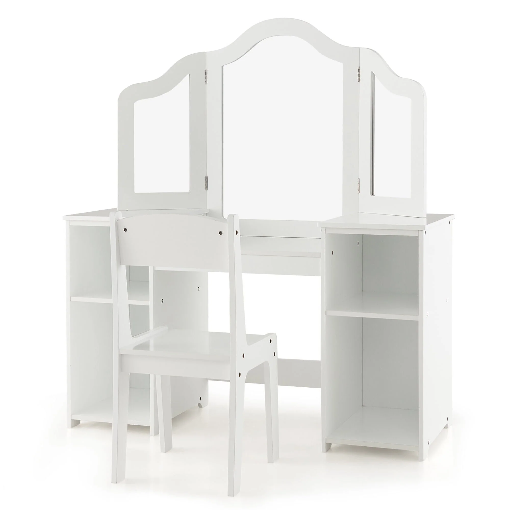 Gymax Kids Vanity 2 in 1 Princess Makeup Desk & Chair Set Safe Tri-fold Mirror White