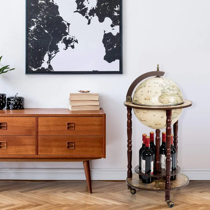 17-Inch Wood Globe Wine Bar Stand – Vintage-Style Liquor Bottle Display Rack