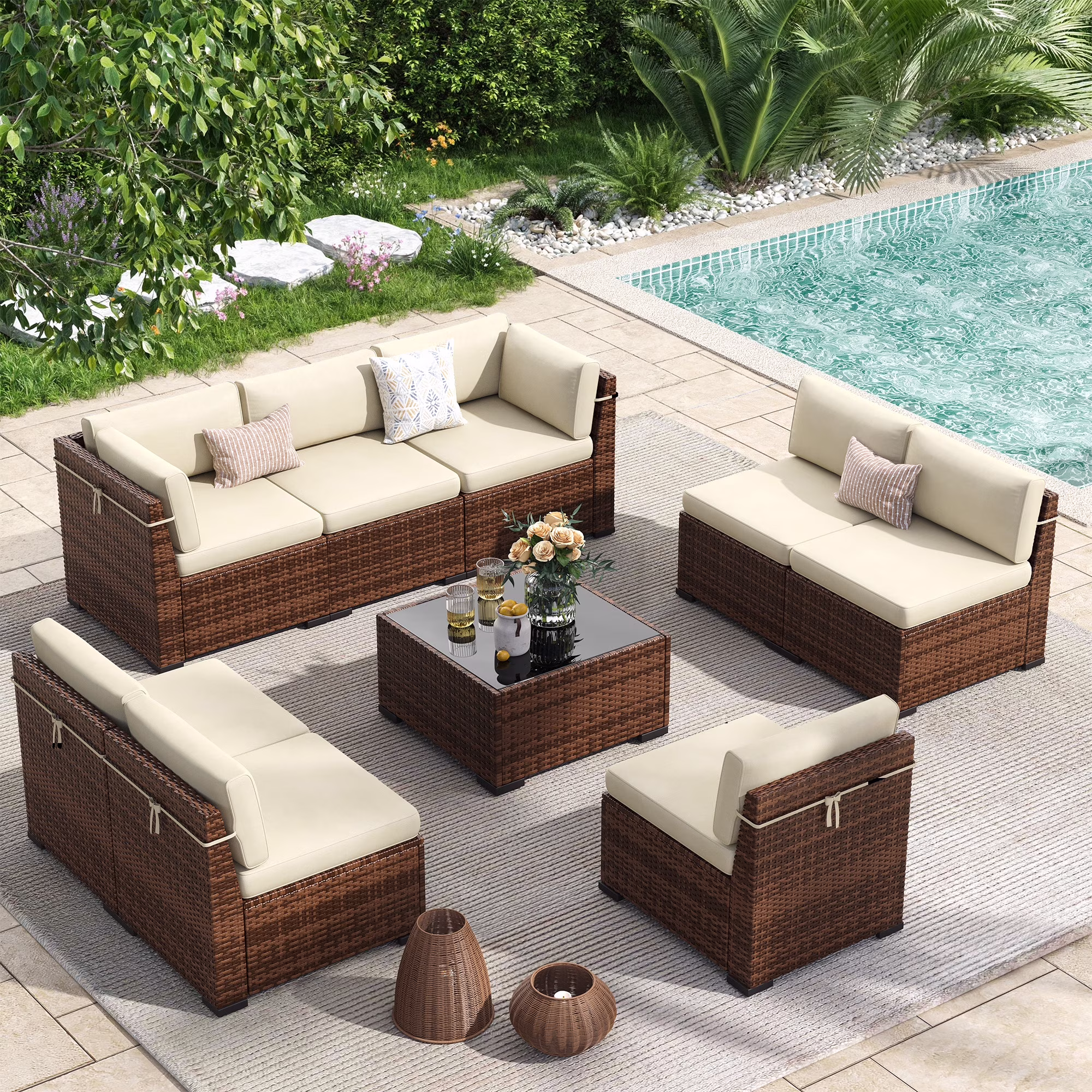 Poteban 7 Pieces Outdoor Sectional Sofa Set , PE Wicker Rattan Slanted Back Outdoor Conversation with Cushions and Glass Coffee Table for Backyard Garden, Dark Gray