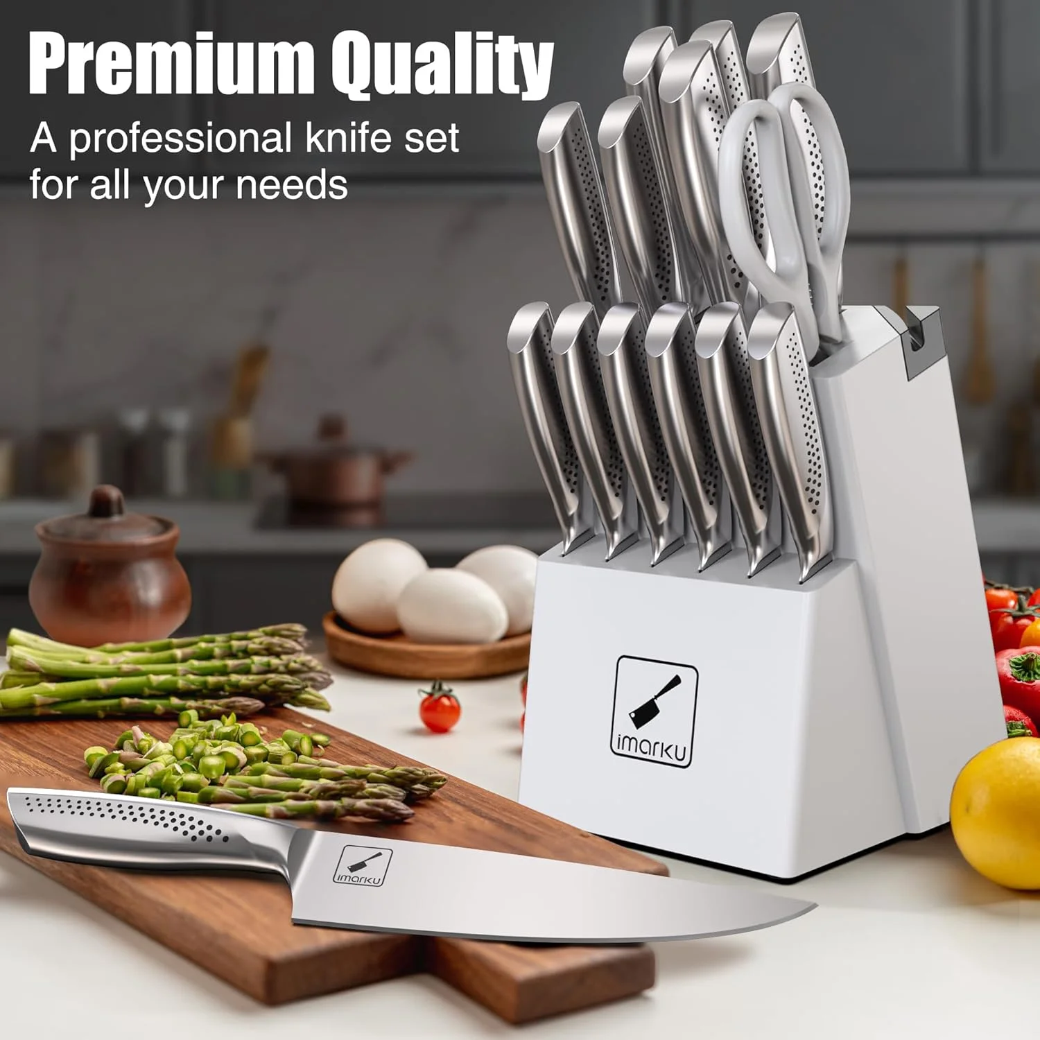 imarku Japanese HC Stainless Steel 15 Piece Kitchen Knife Set, Built in Sharpener, Sharp Knife Set with Point like Ergonomic Handle, Holiday Gift, Home Chef Knife, White