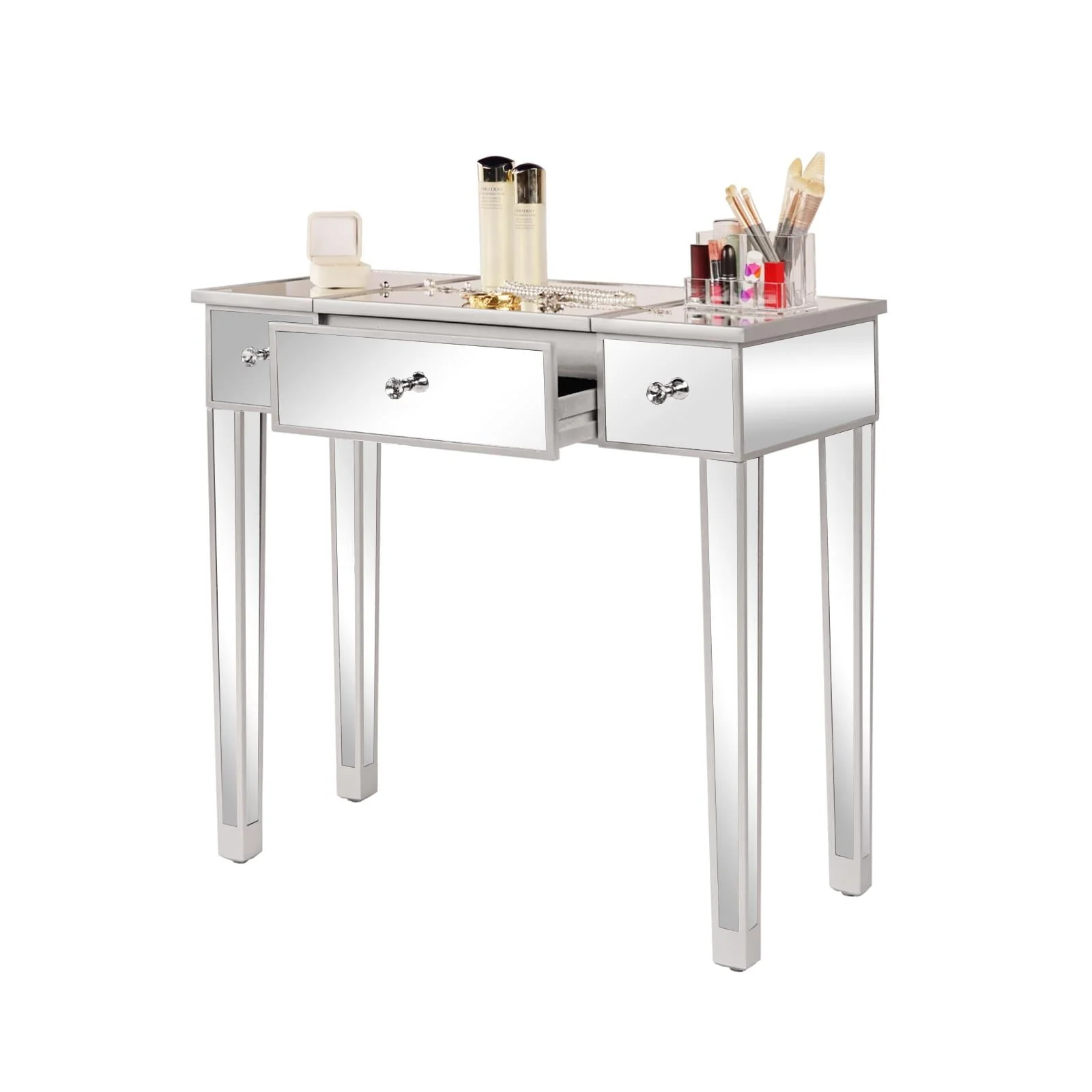 Zimtown Vanity Table Makeup Dressing Table Wood Jewelry Desk with Flip-top Mirror 3 drawers(Stool is NOt INCLUDED),Silver
