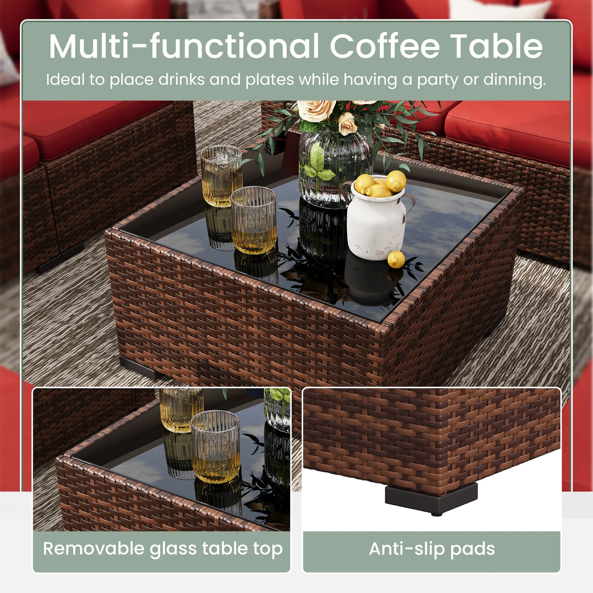 Poteban 7 Pieces Outdoor Sectional Sofa Set , PE Wicker Rattan Slanted Back Outdoor Conversation with Cushions and Glass Coffee Table for Backyard Garden, Dark Gray