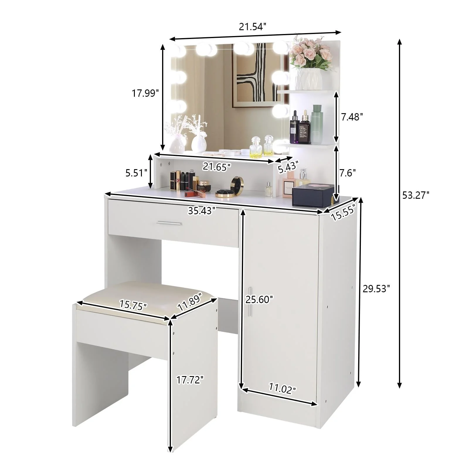 Ktaxon Vanity Set with 3 Color Lighted Mirror, Makeup Table with 3 Storage Shelves & Drawers, Dressing Table Makeup Desk with Stool,White