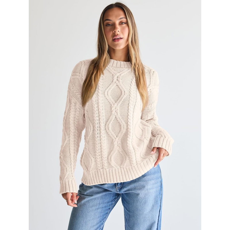 Trendy Queen Women's Oversized Cable Knit Crewneck Sweaters