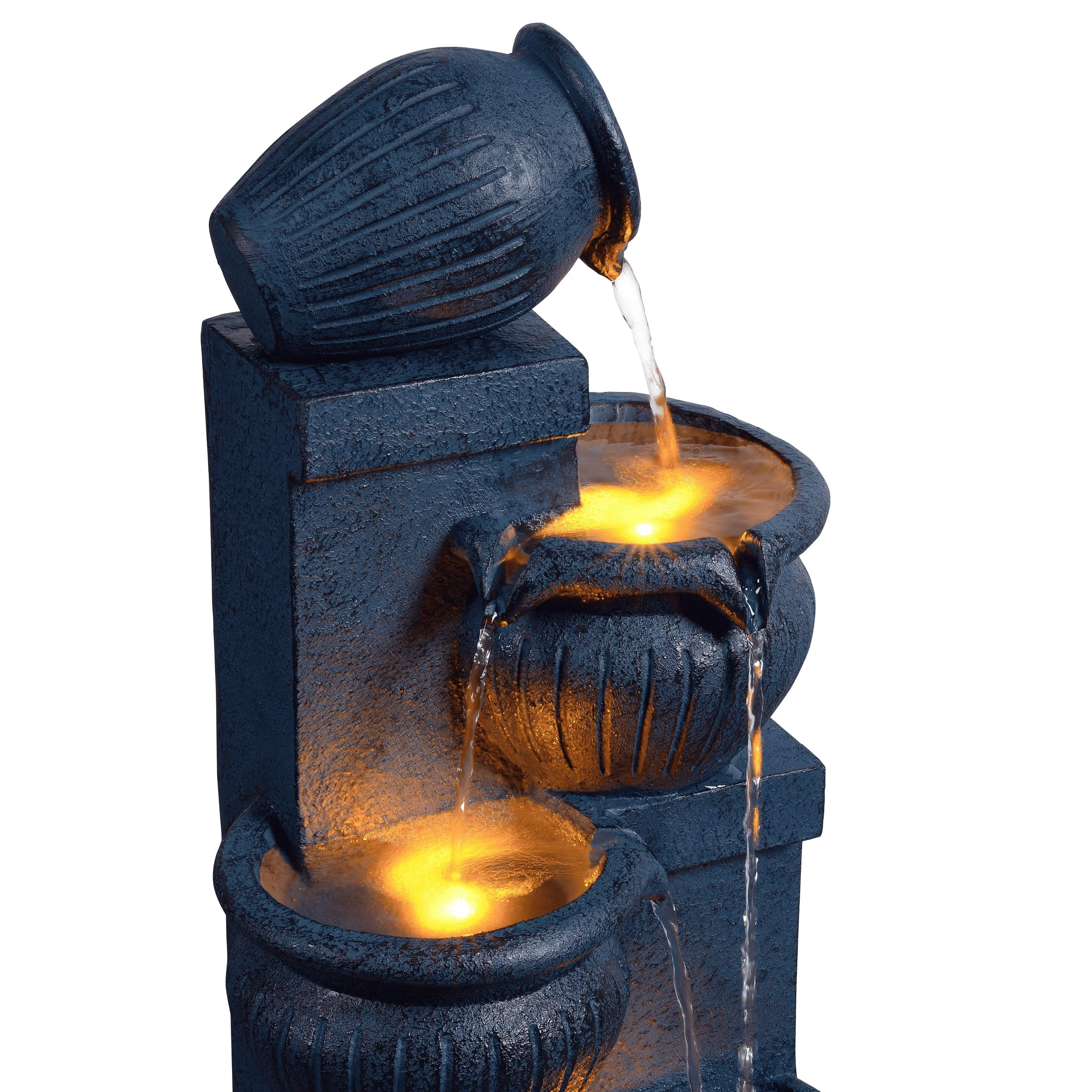 Teamson Home Outdoor Water Fountain with Lights�C 4-Tier Cascading Bowl Design with LED Light & Solar Pump, Solar-Powered Water Fountain Outdoor Garden, Yard, or Patio D��cor, Navy Blue