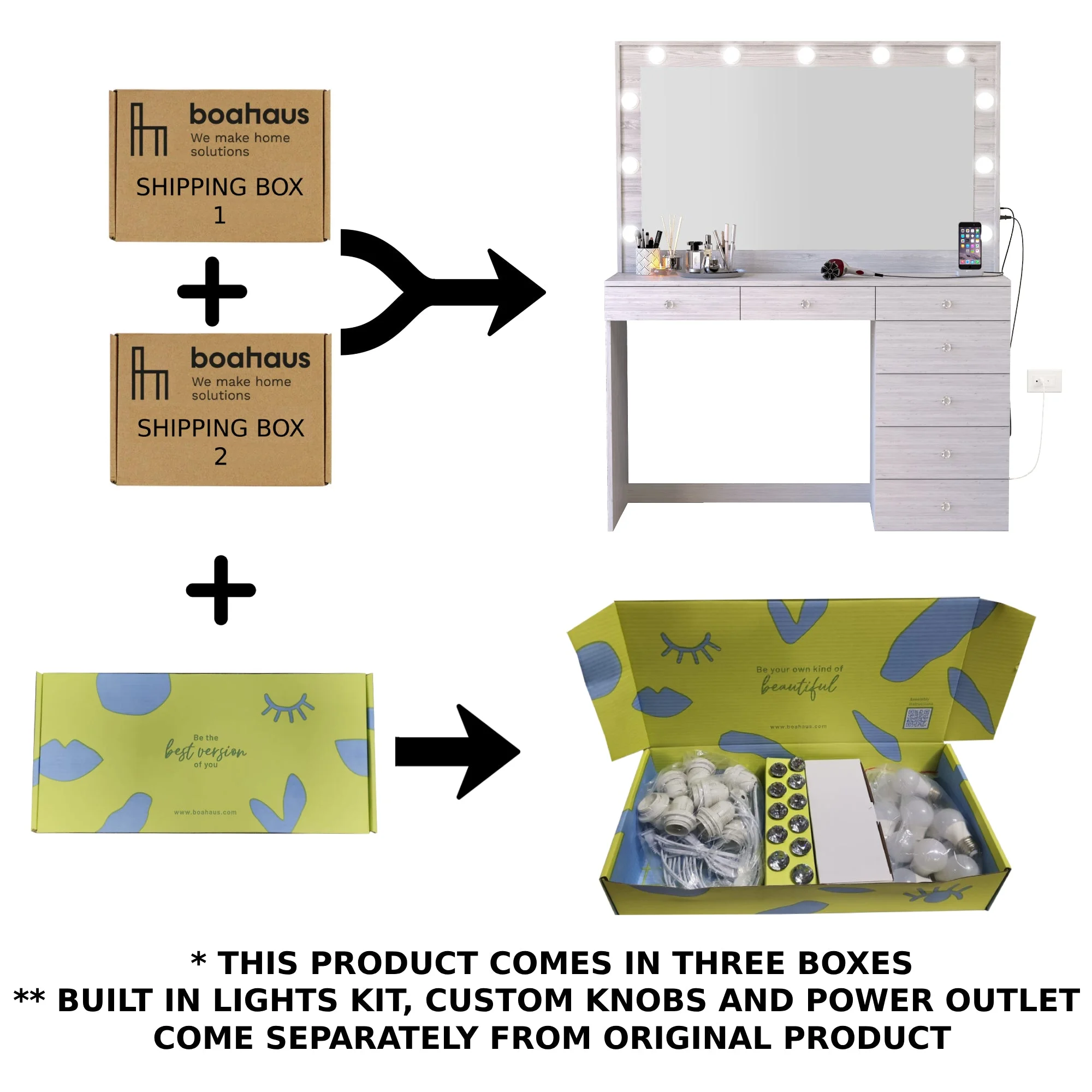 Ember Interiors Peggy Vanity Desk with Lighted Mirror and USB Ports
