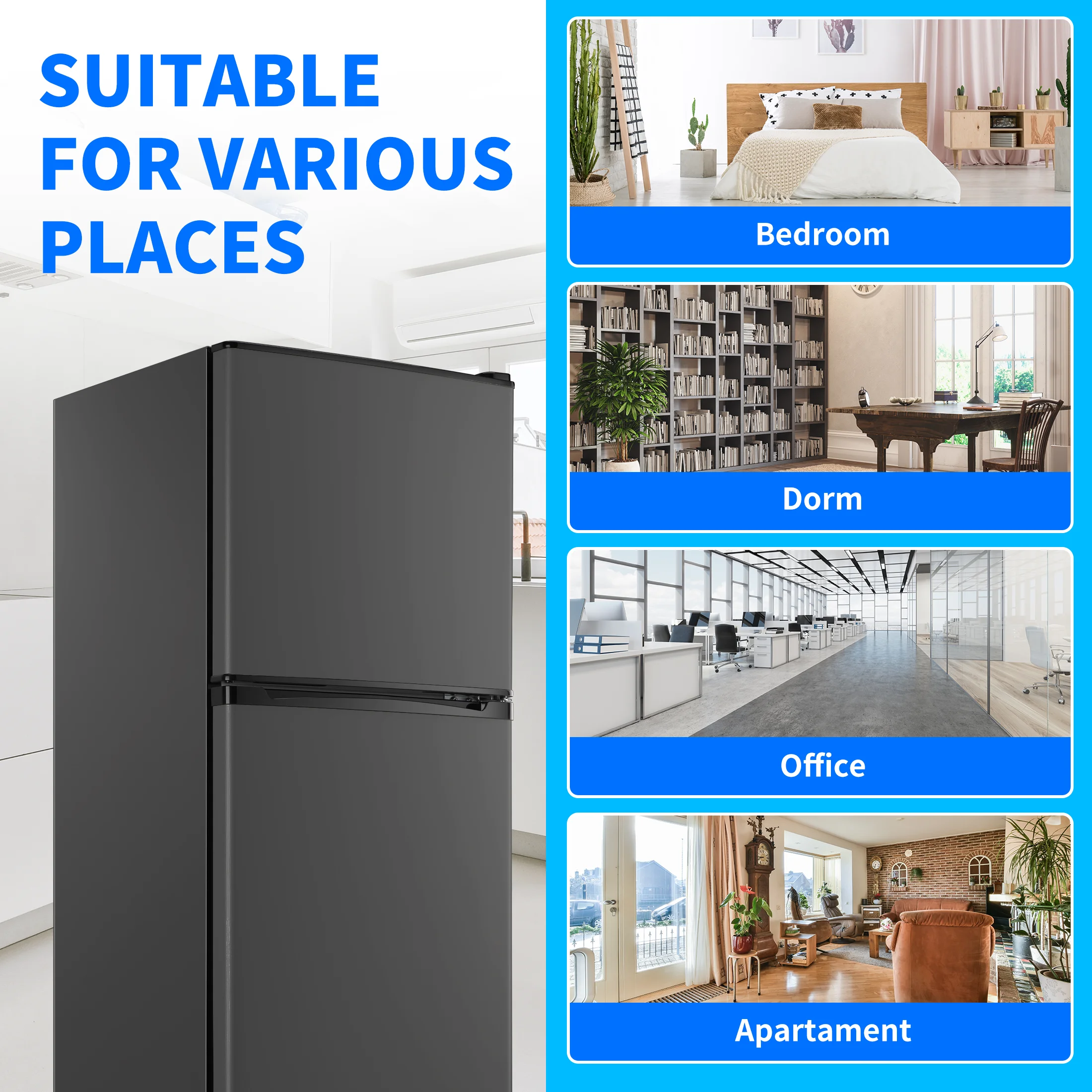 WANAI 2 Door with Freezer Mini Fridge,4.5 Cu.ft Compact Refrigerator,Mini Refrigerator for Kitchen Apartment and Office,Grey