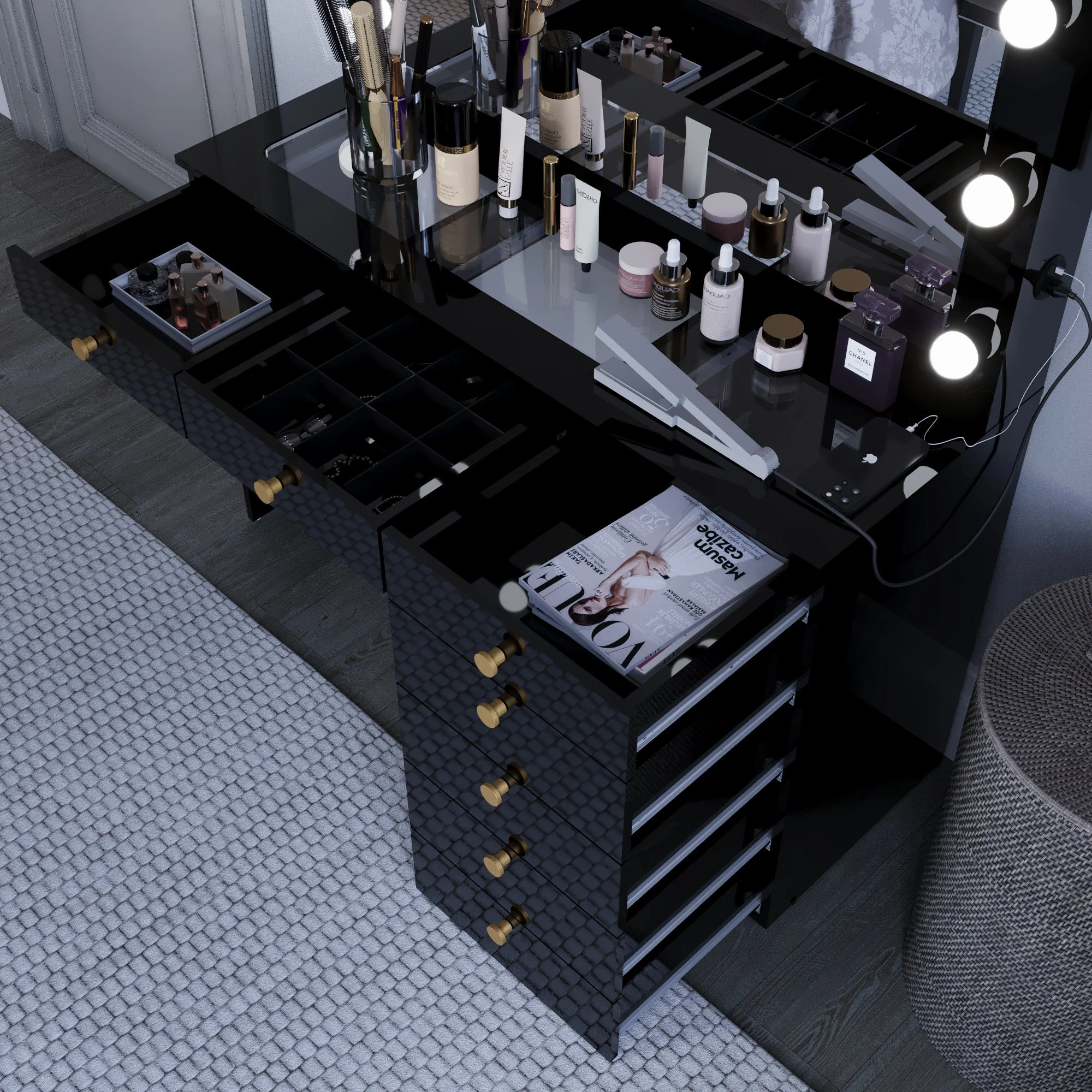Ember Interiors Modern Large Greige Makeup Vanity Desk with Built-in Lights, Power Outlet with USB Type-C, Glass Top, 7 Drawers and Crystal Knobs