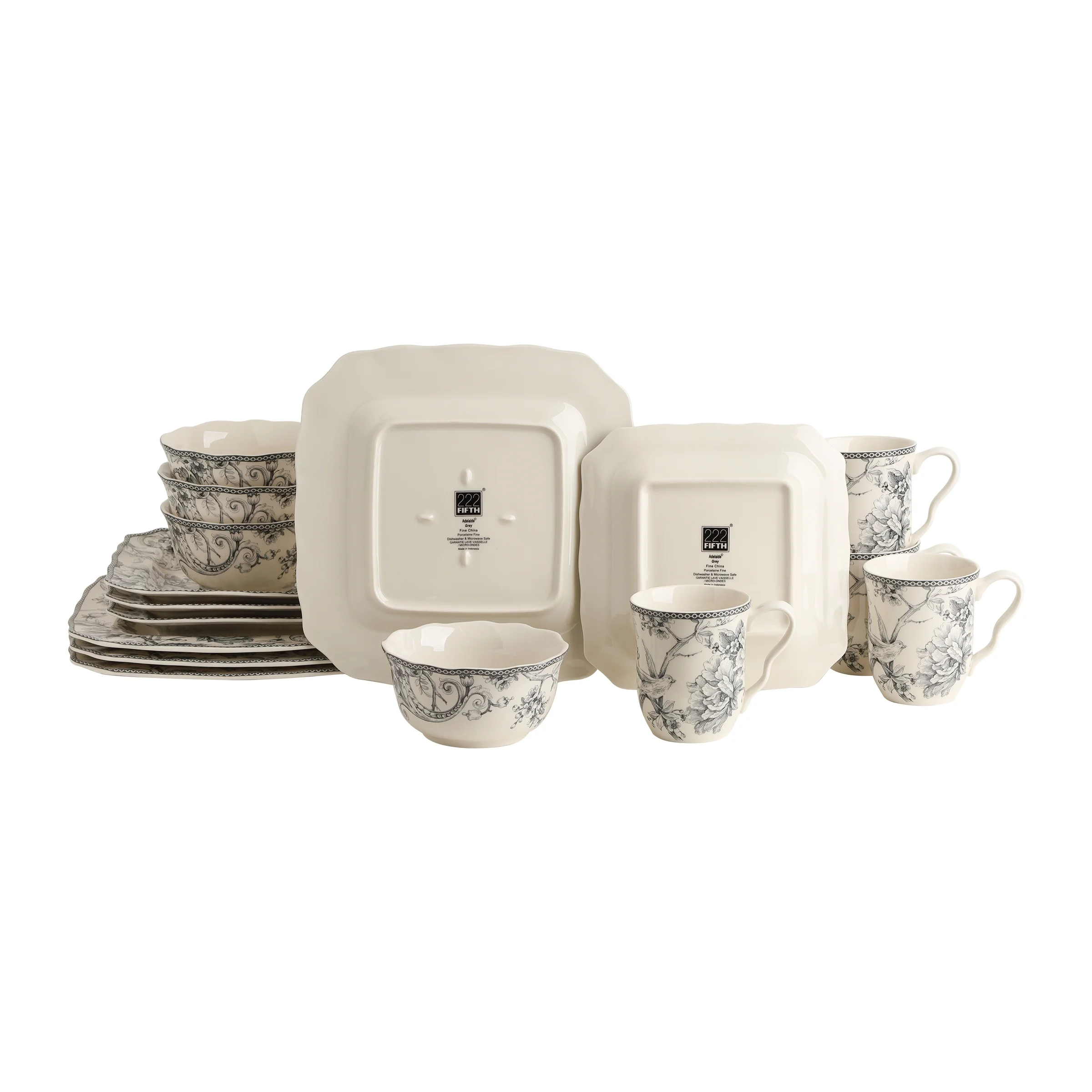 222 Fifth Adelaide Round 16-Piece Porcelain Dinnerware Set, Black Toile
