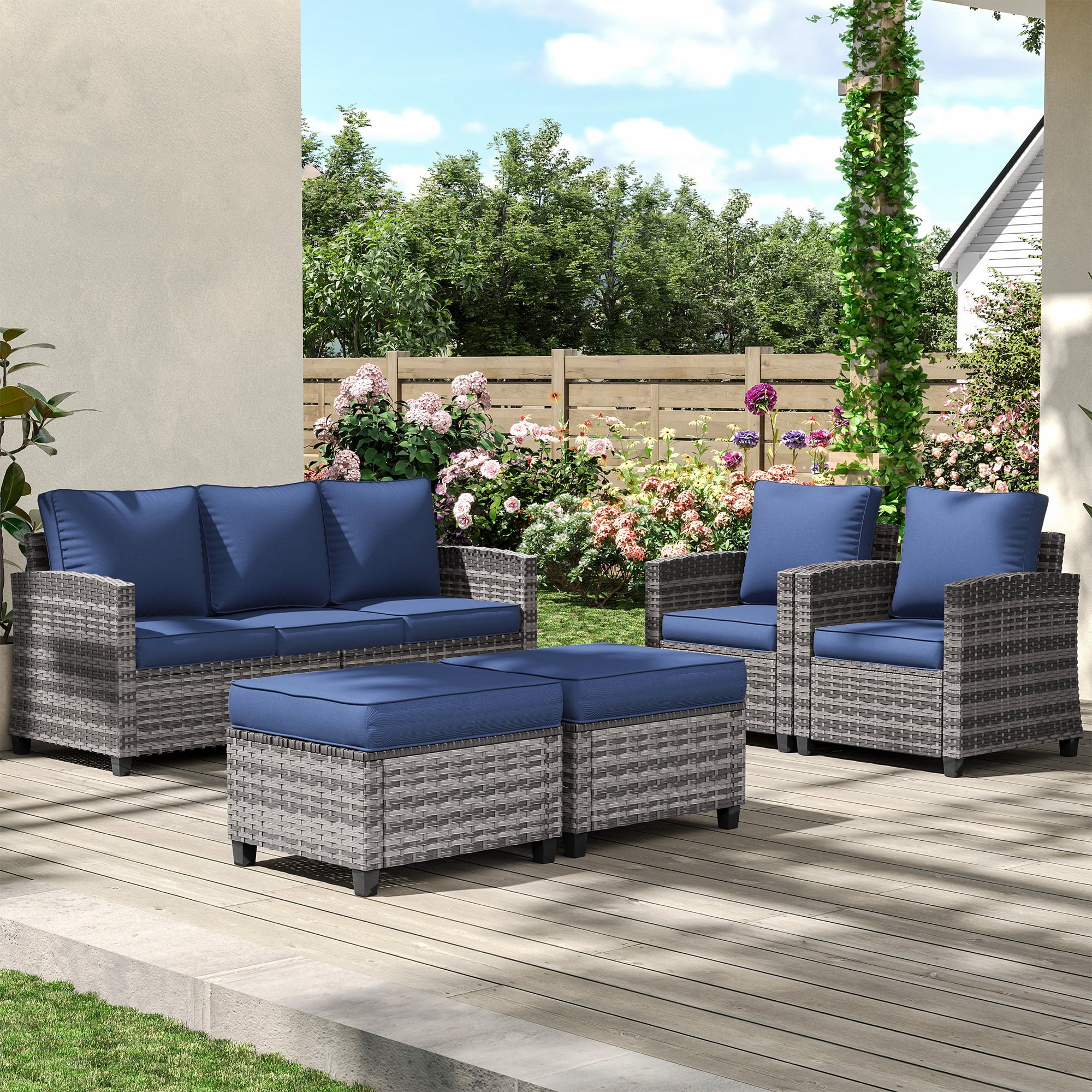 POTEBAN Patio Furniture Set, 7 Pieces Outdoor Sectional Sofa Couch with Chairs, Ottomans and Comfy Cushions, All Weather Wicker Rattan Patio Conversation Set for Garden Backyard Dark Grey