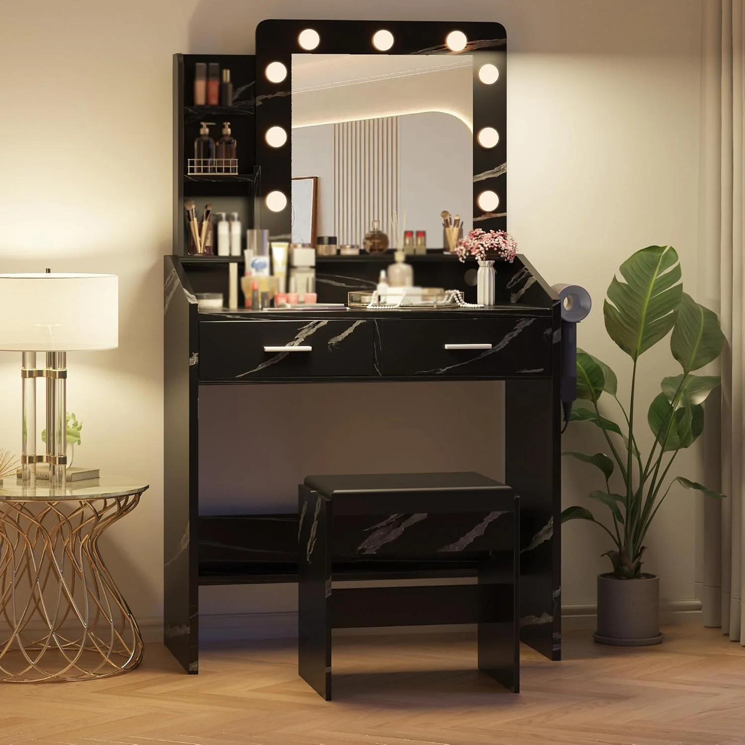 OYang Makeup Vanity with Lights, Vanity Desk with Mirror and Lights Set, Large Drawer and Two-Tier Lots Storage Cabinet, 3 Lighting Modes Adjustable Brightness