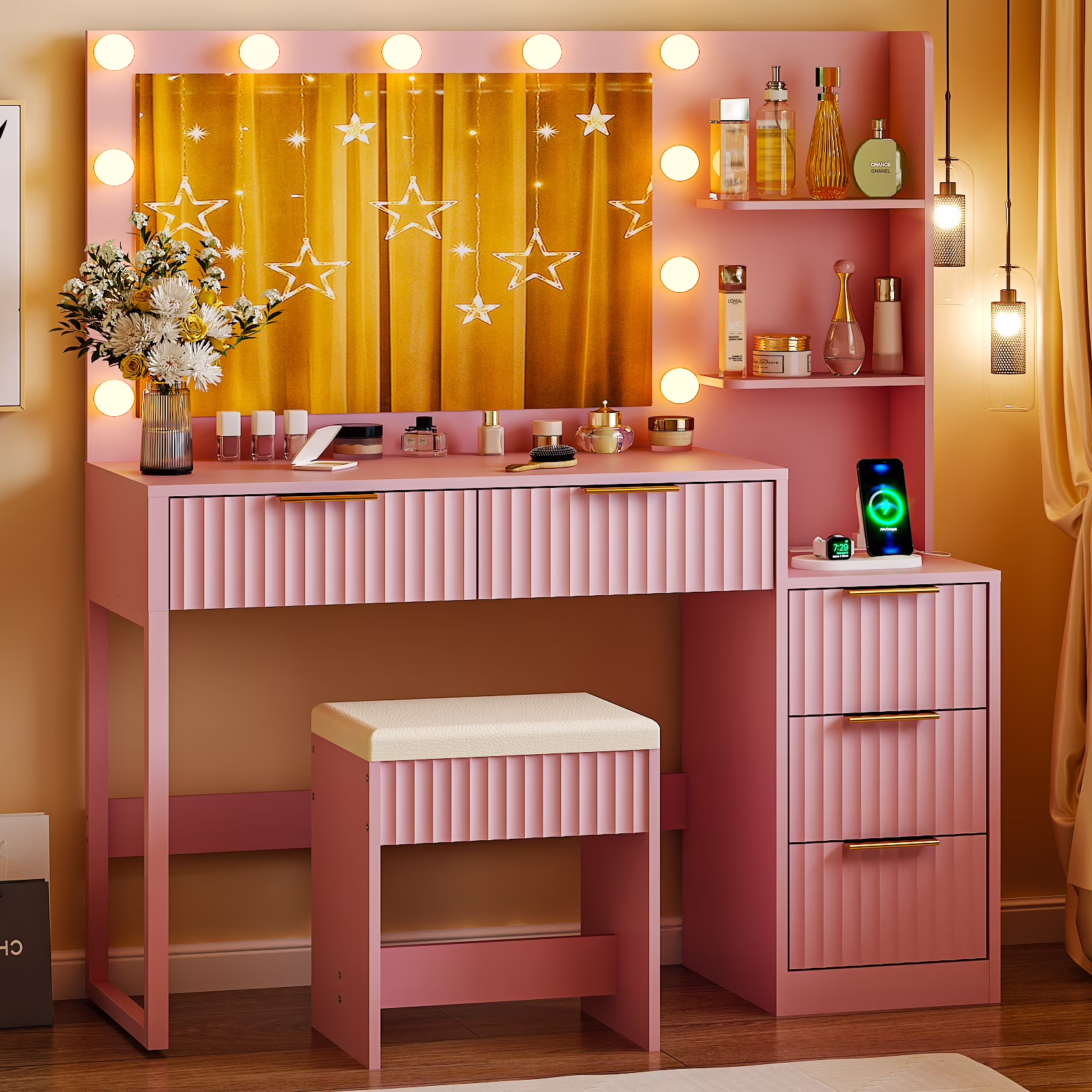 Ktaxon Flutted Makeup Vanity Table Set with 5 Drawer, Dressing Table w/Charging Station, Vanity Desk for Femal Gift, White
