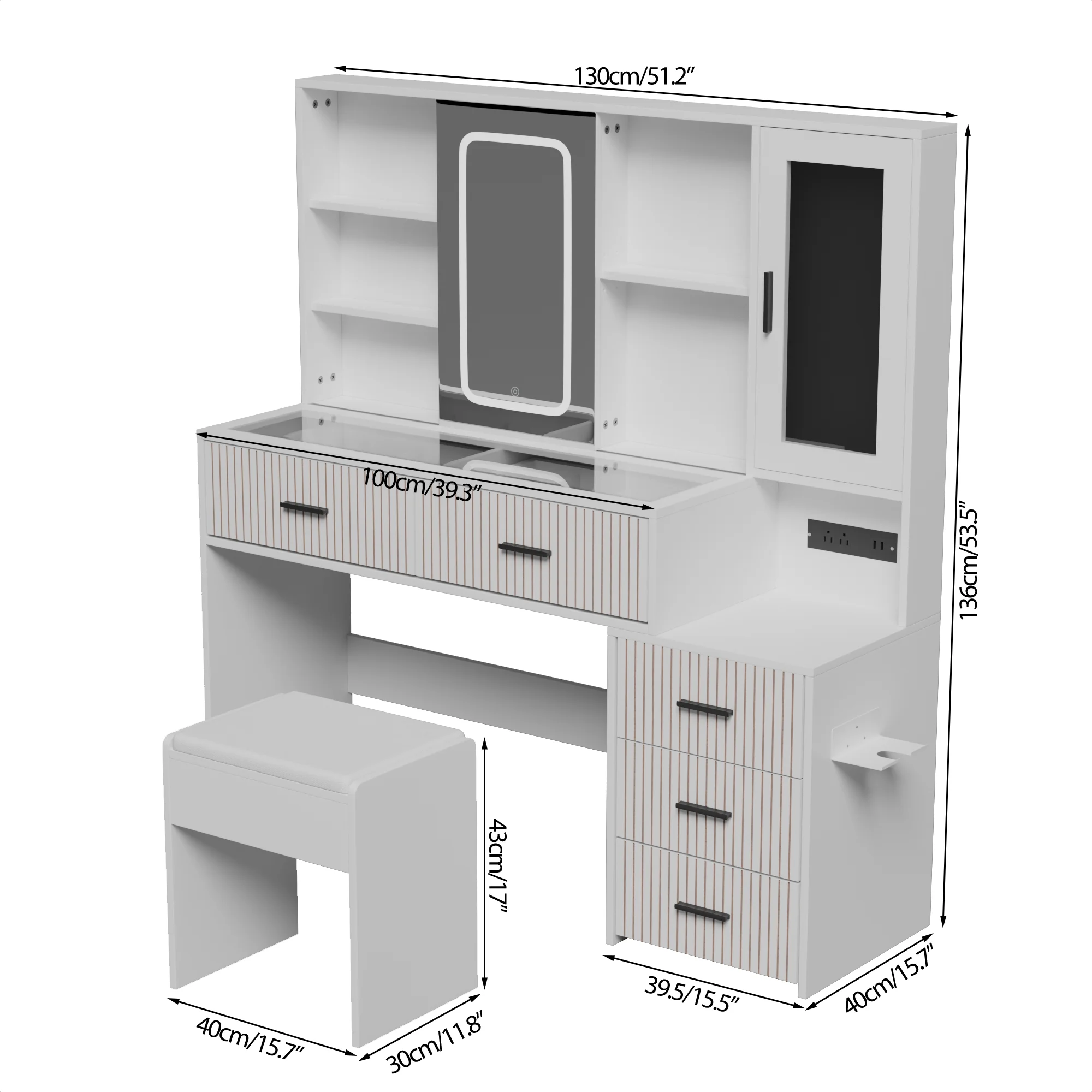 Diubas Large Vanity Desk with Mirror, Makeup Vanity Table with 5 Drawers, LED Lights & Power Outlet