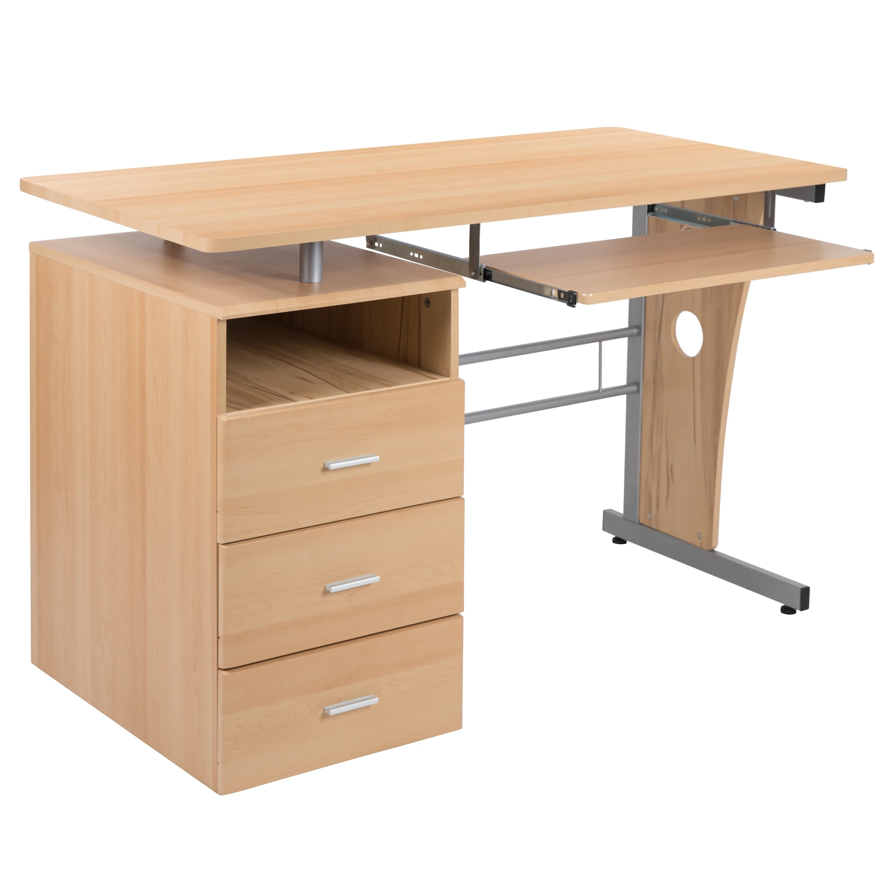 Flash Furniture Rustic Walnut Desk with Three Drawer Pedestal and Pull-Out Keyboard Tray