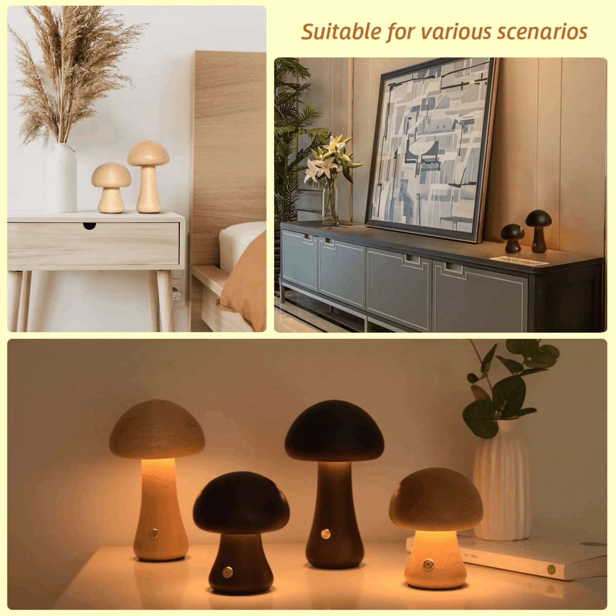 Mushroom Table Lamp, Dimmable LED Creative Wood Desk Lamp with USB Charging for Home Decor