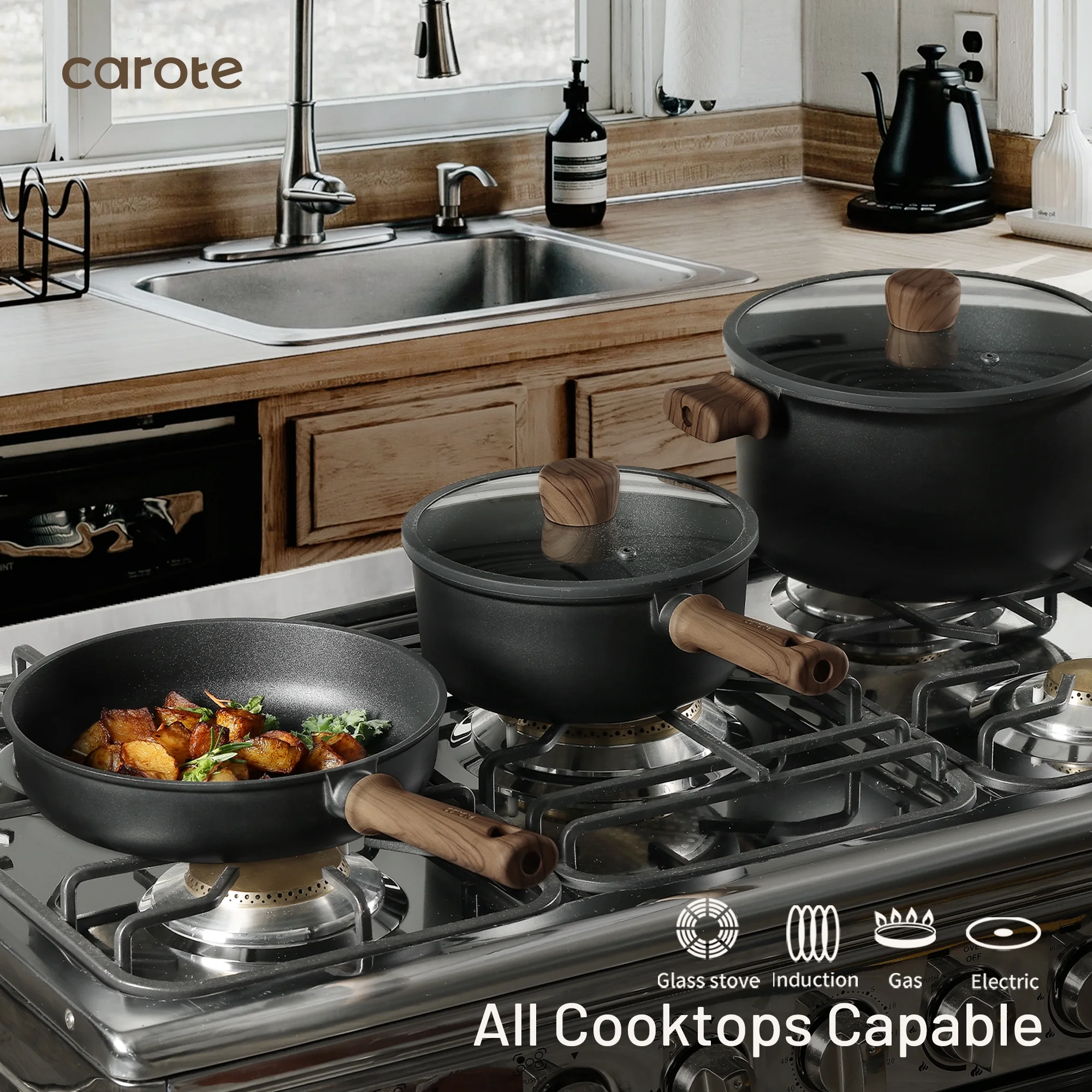 Carote 13-Pcs Nonstick Cookware Sets, Pots and Pans with Stay-Cool Handles, Induction Compatible Kitchen Set,(Black)