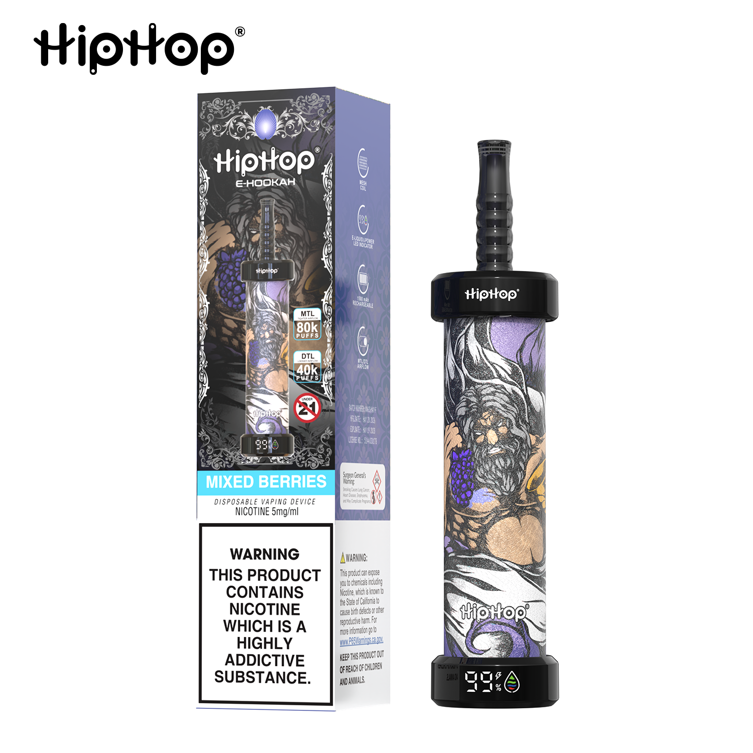 E-papieros HipHop E-Hookah 80K | Elektroniczna Szisza DTL/MTL | Ekran LED