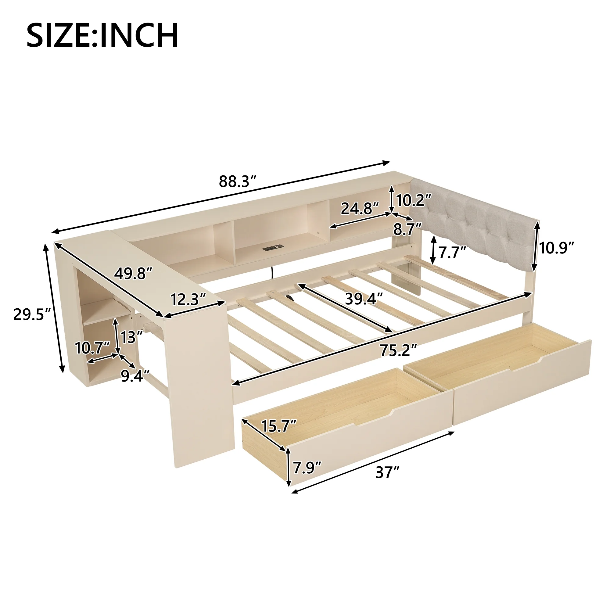 Euroco Wood Twin Size Platform Bed with Desk and Shelves, Drawers and USB Charging for Kids, Cream