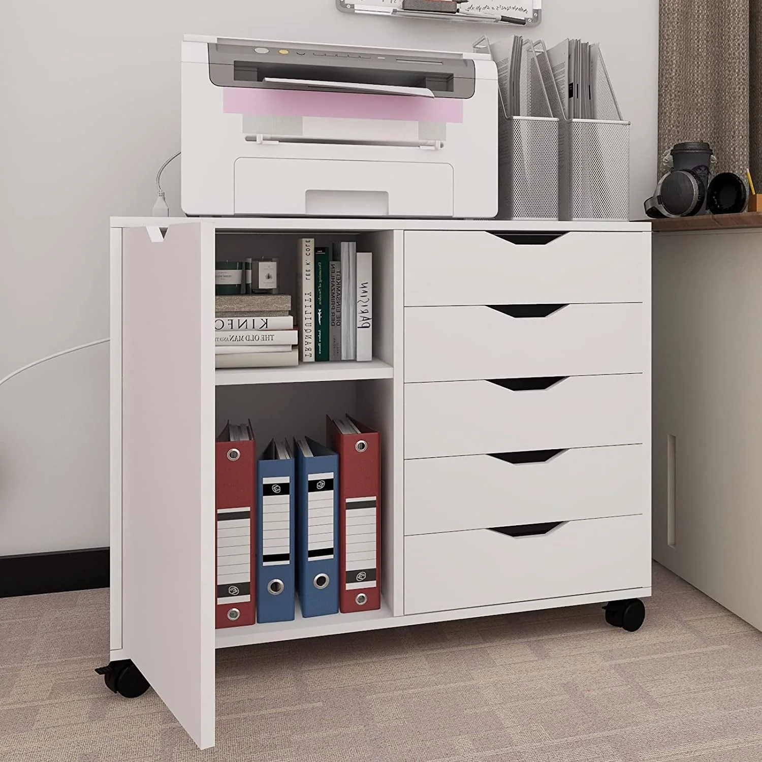 Natwind 5-Drawer Mobilable Wood Printer Stand with Charging Station，Cart File Storage Cabinets with Socket and Door Home Office Lateral Filing Cabinet(white)