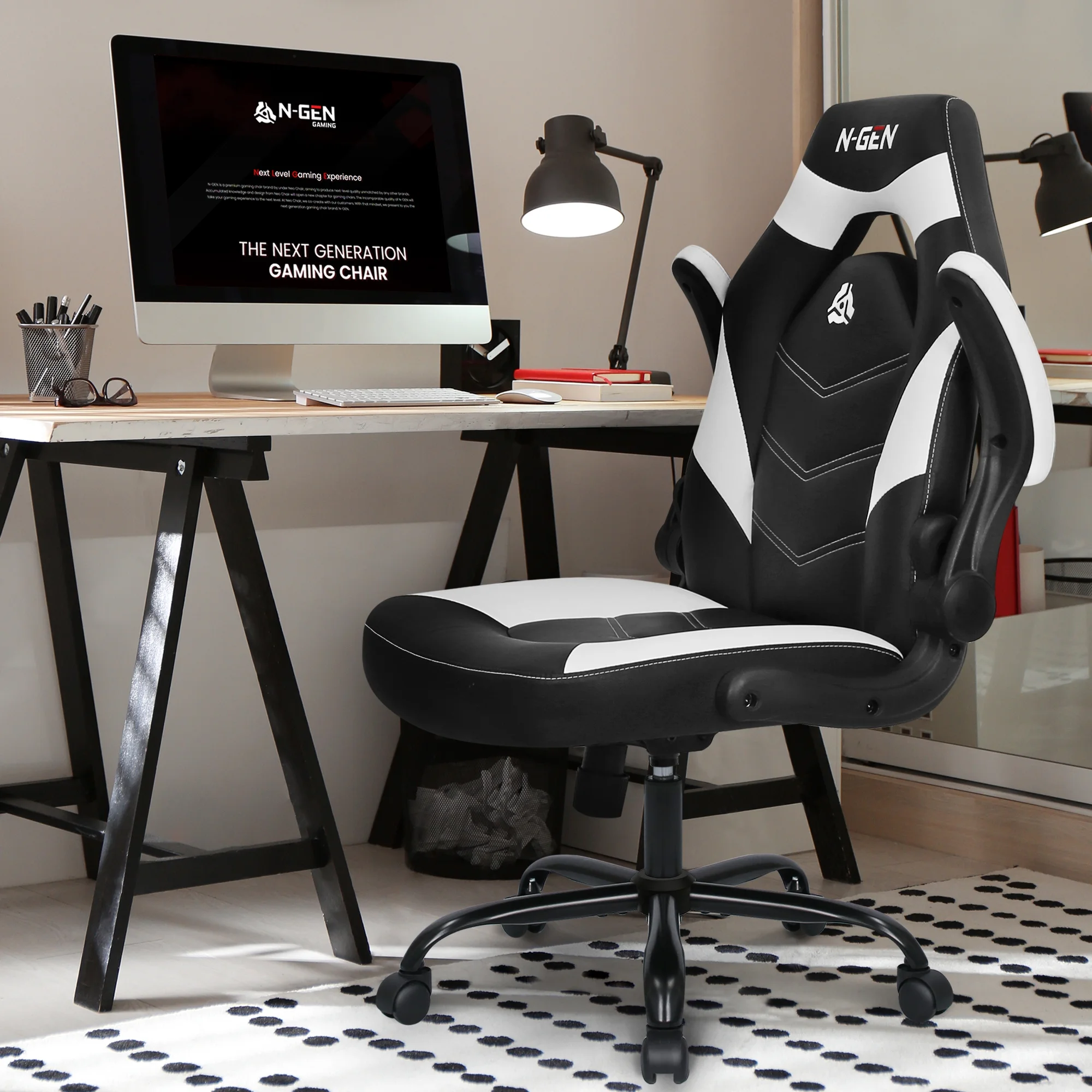 N-GEN Red Gaming Chair, Flip-up Armrest Computer Chair Ergonomic Office Chair PU Leather Desk Chair Executive Adjustable Swivel Task Chair