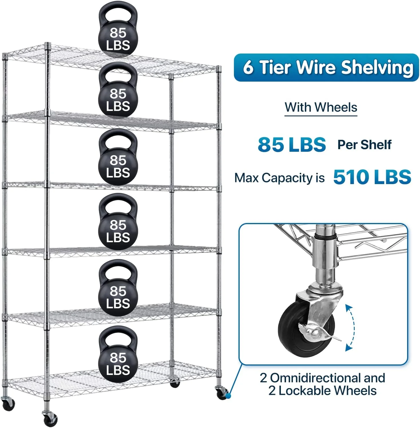 6 Tier Wire Shelving Unit Metal Storage Shelves w/Wheels, 350 Capacity Per Shelf, Heavy Duty Steel Garage Shelf, 48