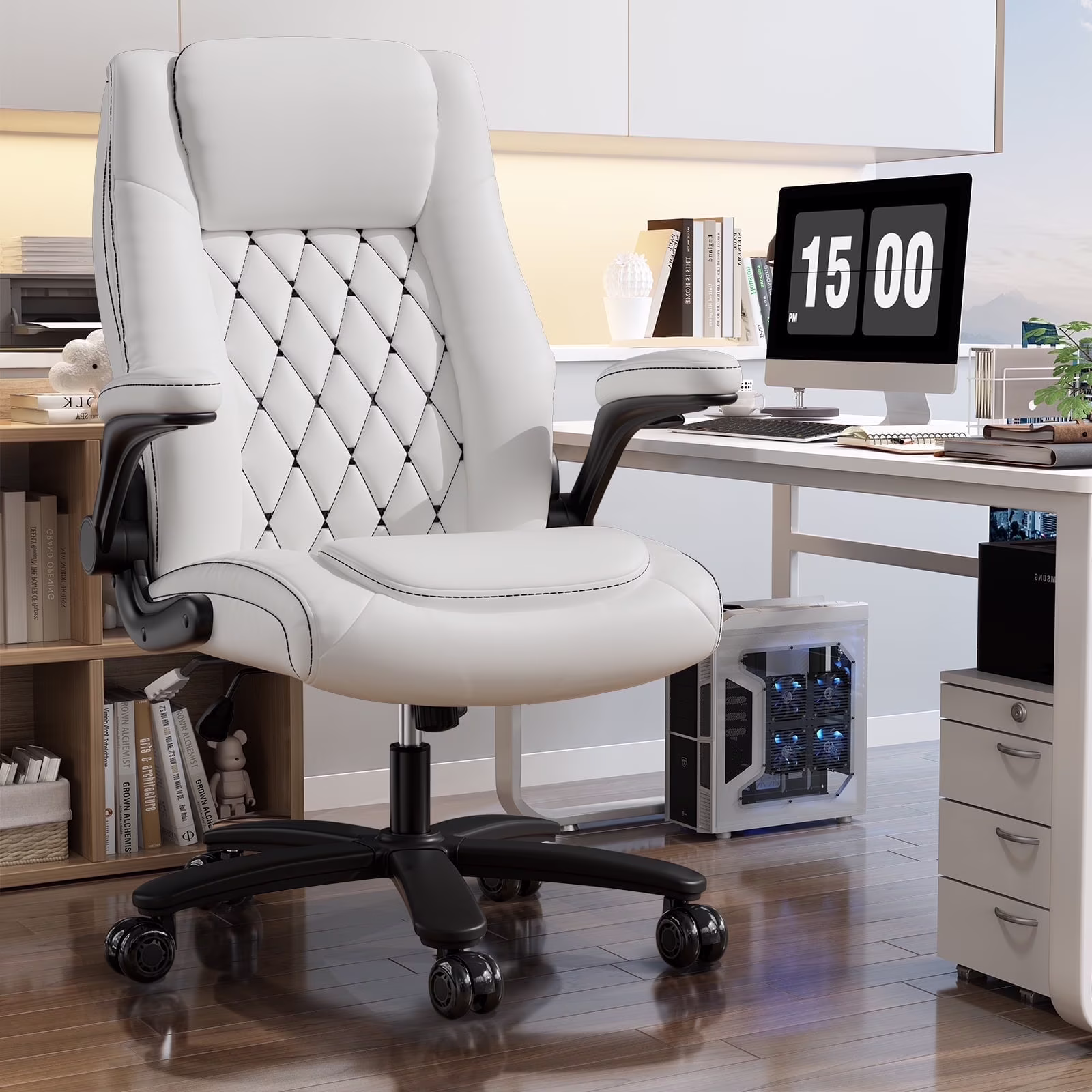 Solfway Big and Tall Office Chair 400LBS, High Back Black Leather Executive Office Chair, Computer Desk Chair with Adjustable Flip-up Arms, Wheels and Lumbar Support