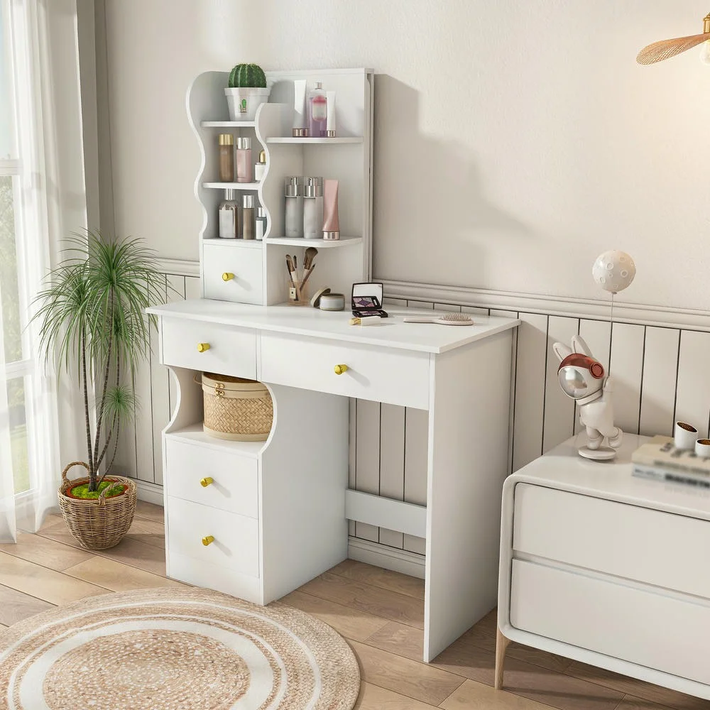 Kadyn Vanity Desk with Lighted Mirror, Vanity Table and Chair Set with 2 Drawers, Dressing Table Makeup Desk with 1 Door, Retro Gray