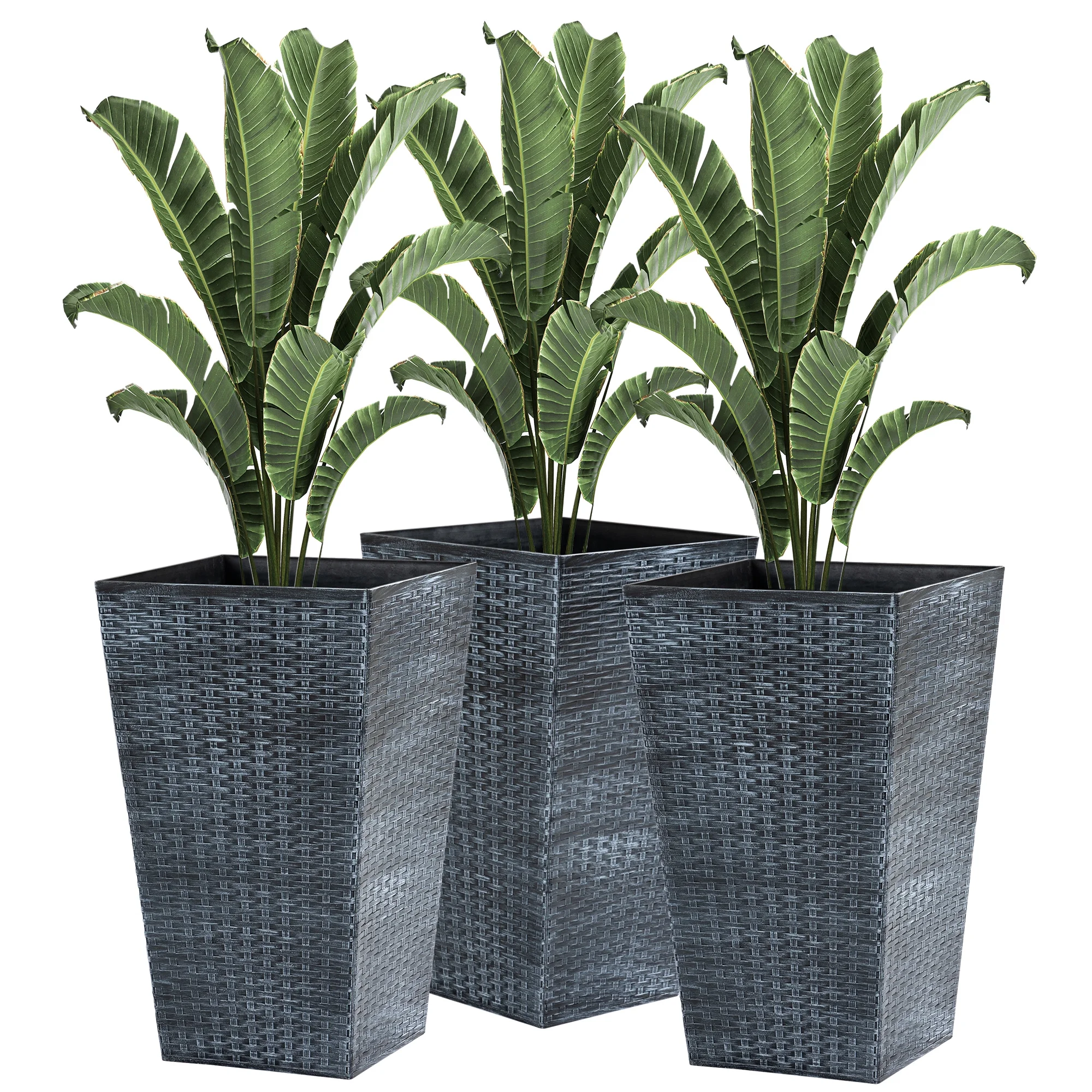 Outsunny Set of 3 Tall Planters with Drainage Hole, Outdoor Flower Plant Pots, Indoor Planters for Porch, Front Door, Entryway, Patio and Deck, Black