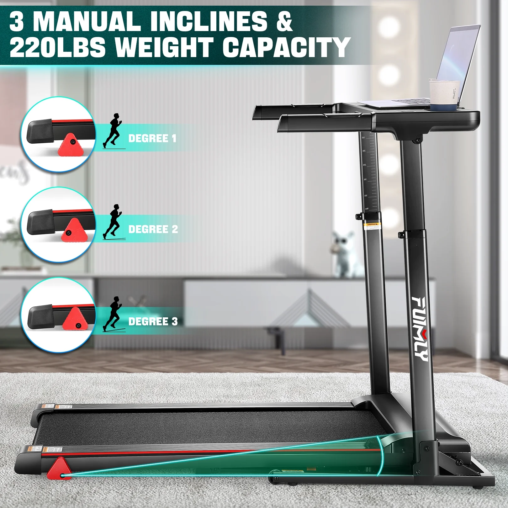 Ancheer Folding Treadmill with Incline, Treadmill with Adjustable Height Desk & Removable iPad Holder,Speed Range 0.6-7.5 mph,300 LBS Weight Capacity