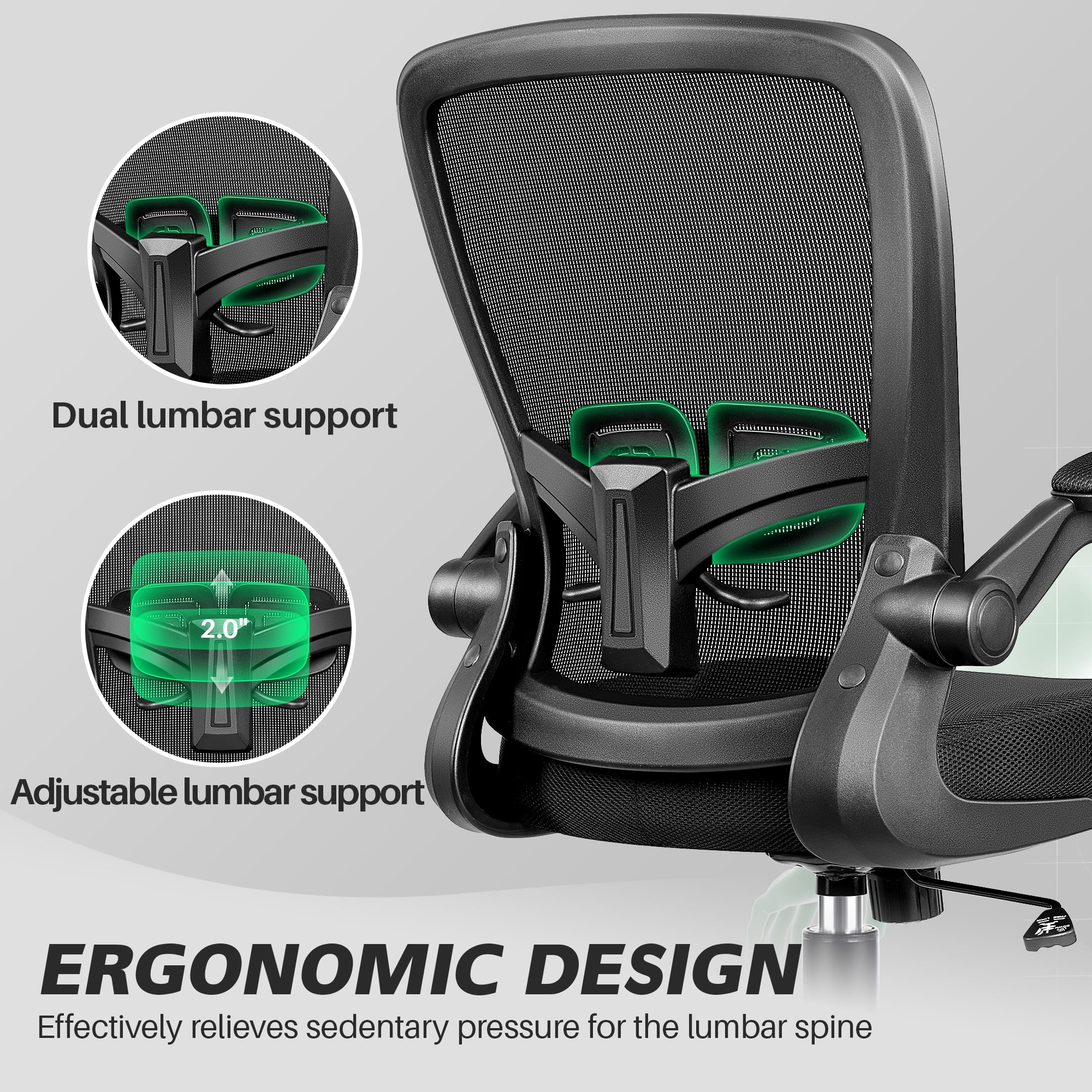 COOLHUT Ergonomic Office Chair, 400LBS Task Chair, Comfort Desk Chair with Adjustable Lumbar Support and Flip up Arms, Black