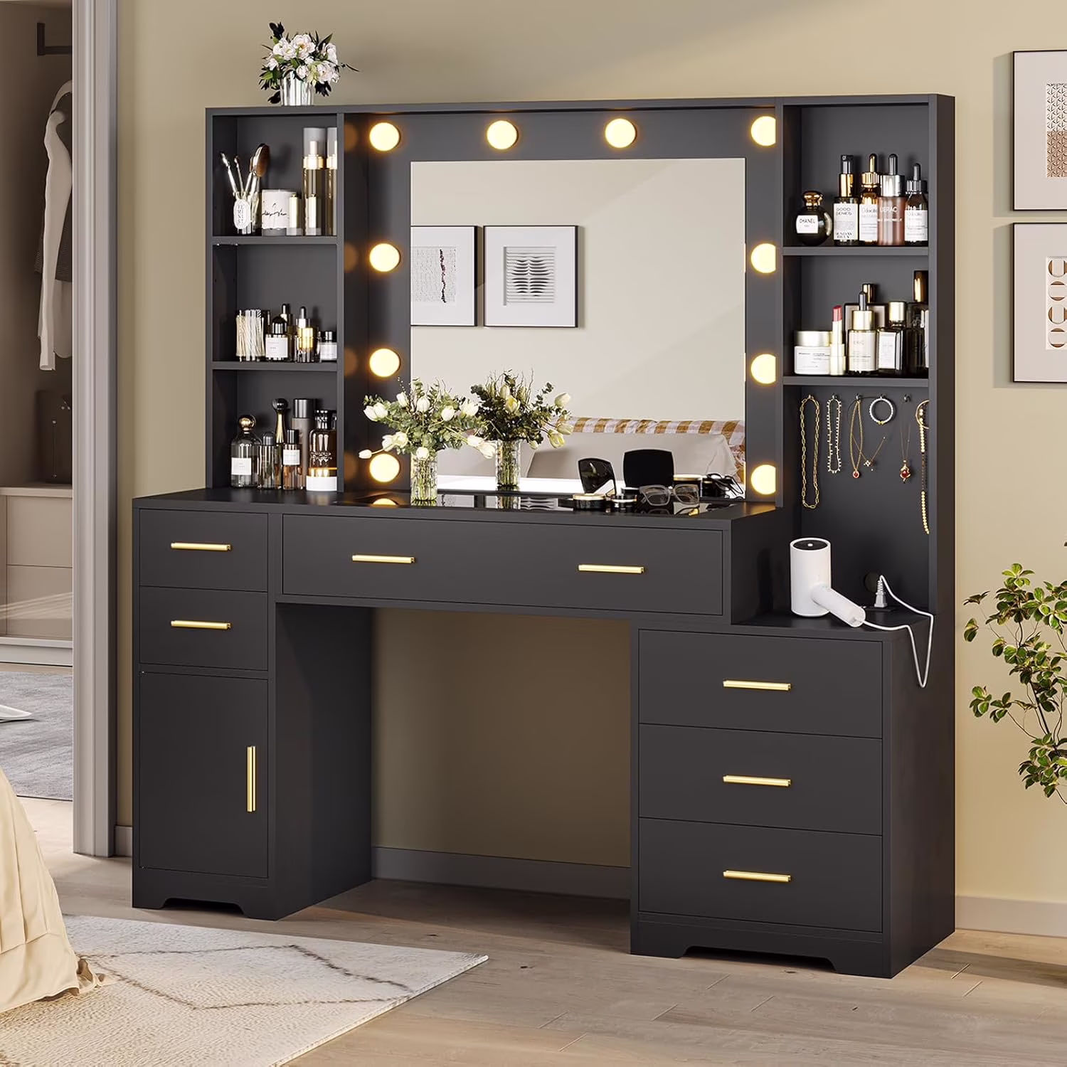 Aunfebrco White Vanity Desk Makeup Vanity Table with Mirror and Lights and Charging Station, Large Dressing Table with Storage Cabinet&6 Drawers&4 Storage Shelves for Bedroom