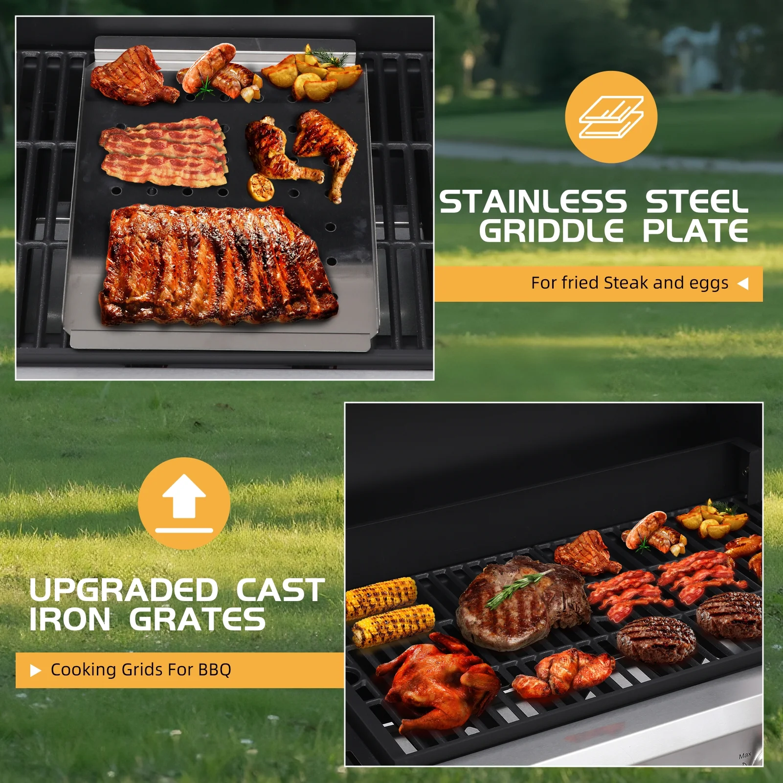 4 Burner Propane Gas Grill, 42,000 BTU Output Outdoor BBQ Grill with Cast Iron Grates and Versatile Mini Grill Pan, Perfect for Outdoor Cooking, Balcony, Backyard, Camping, Barbecue