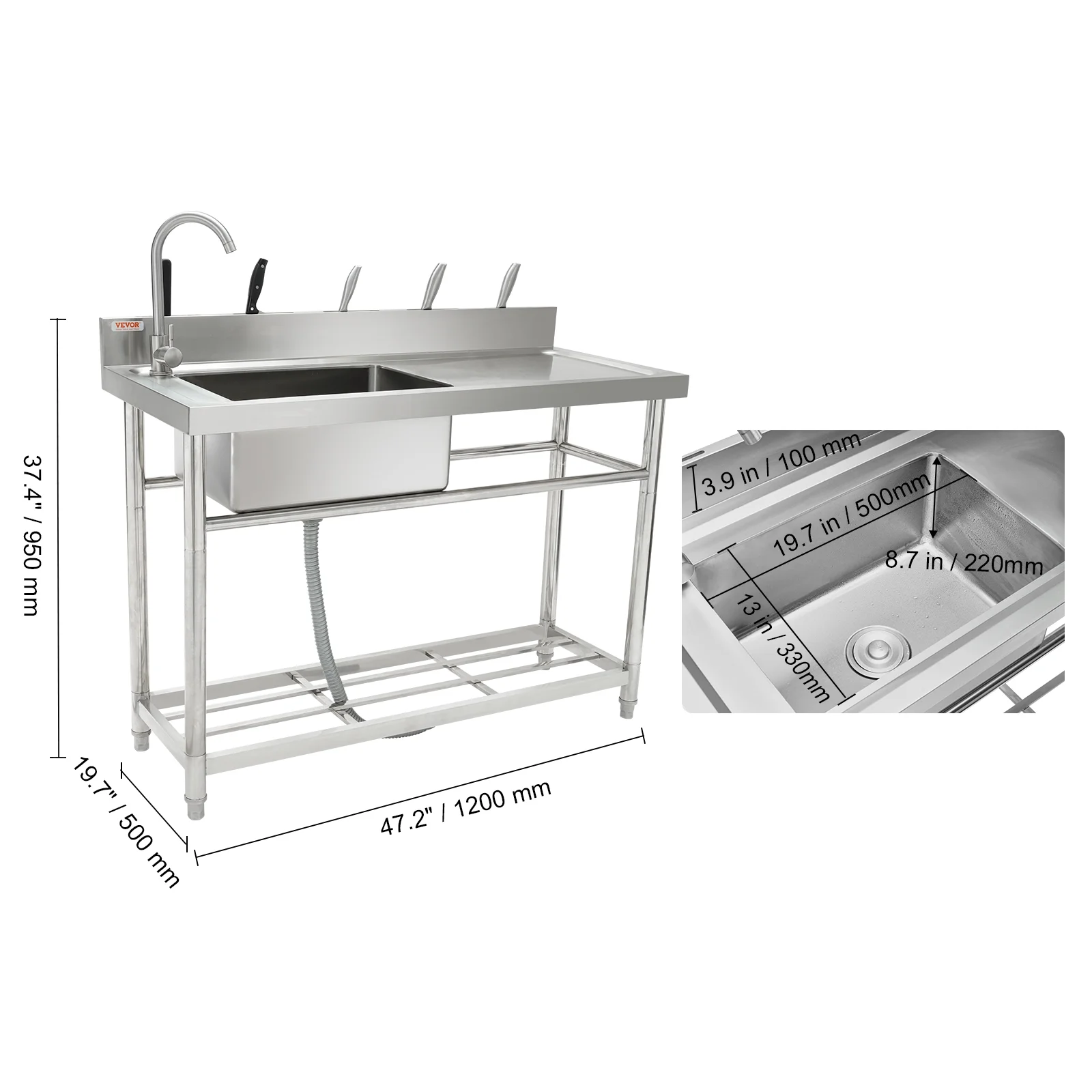 BENTISM S3-1 Stainless Steel 47.2 Inch Freestanding Single Bowl Sink