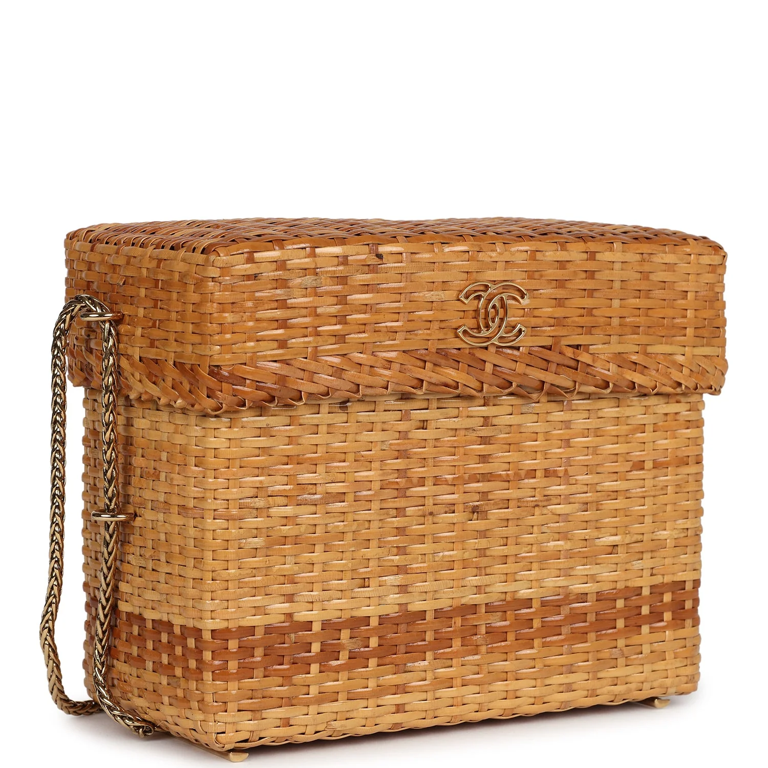 Vintage  Small Picnic Basket Bag Natural Wicker Gold Hardware