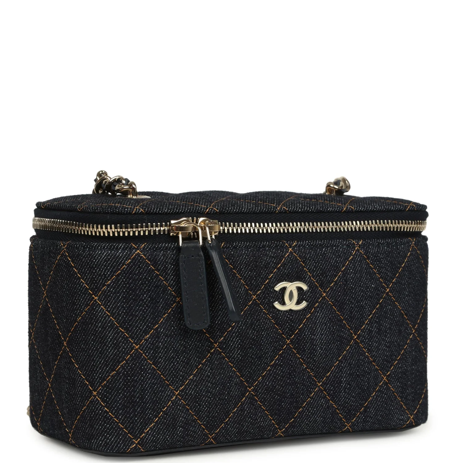 Small Classic Vanity Case Dark Blue Denim Light Gold Hardware