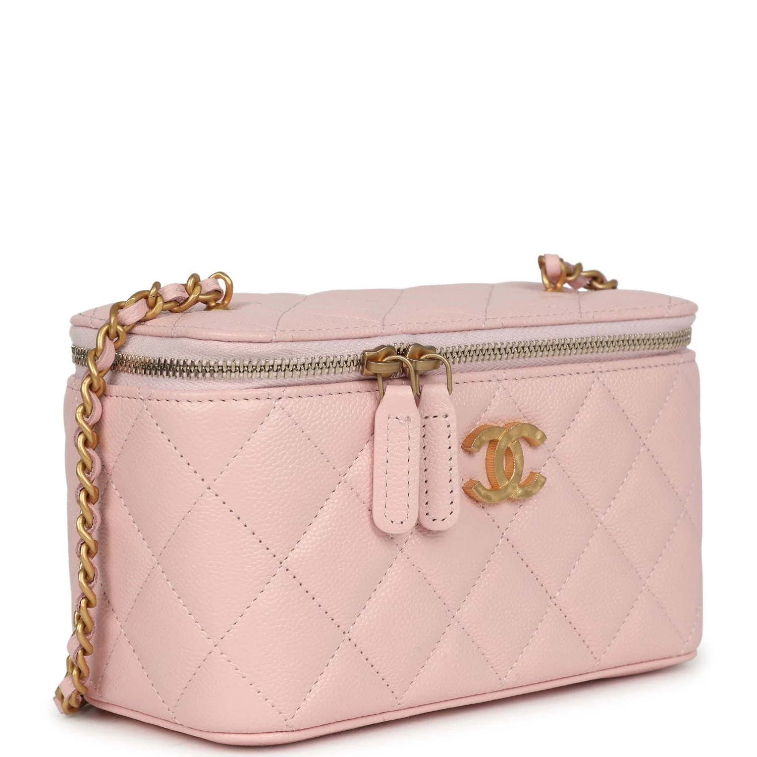 Small CC Vanity Case Light Pink Caviar Faux Pearls Brushed Gold Hardware