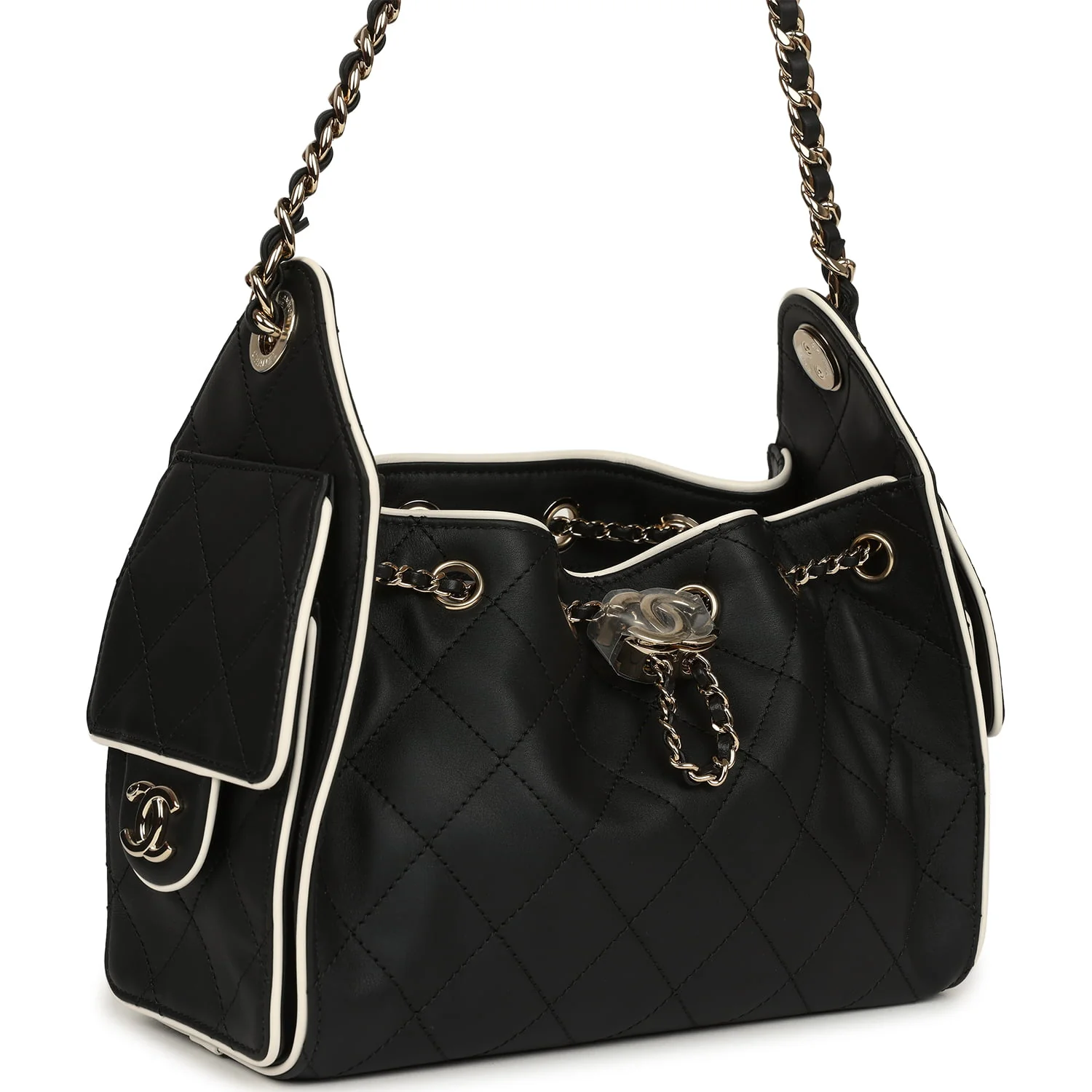 Mini 25 Hobo Bag Black and White Calfskin Light Gold Hardware