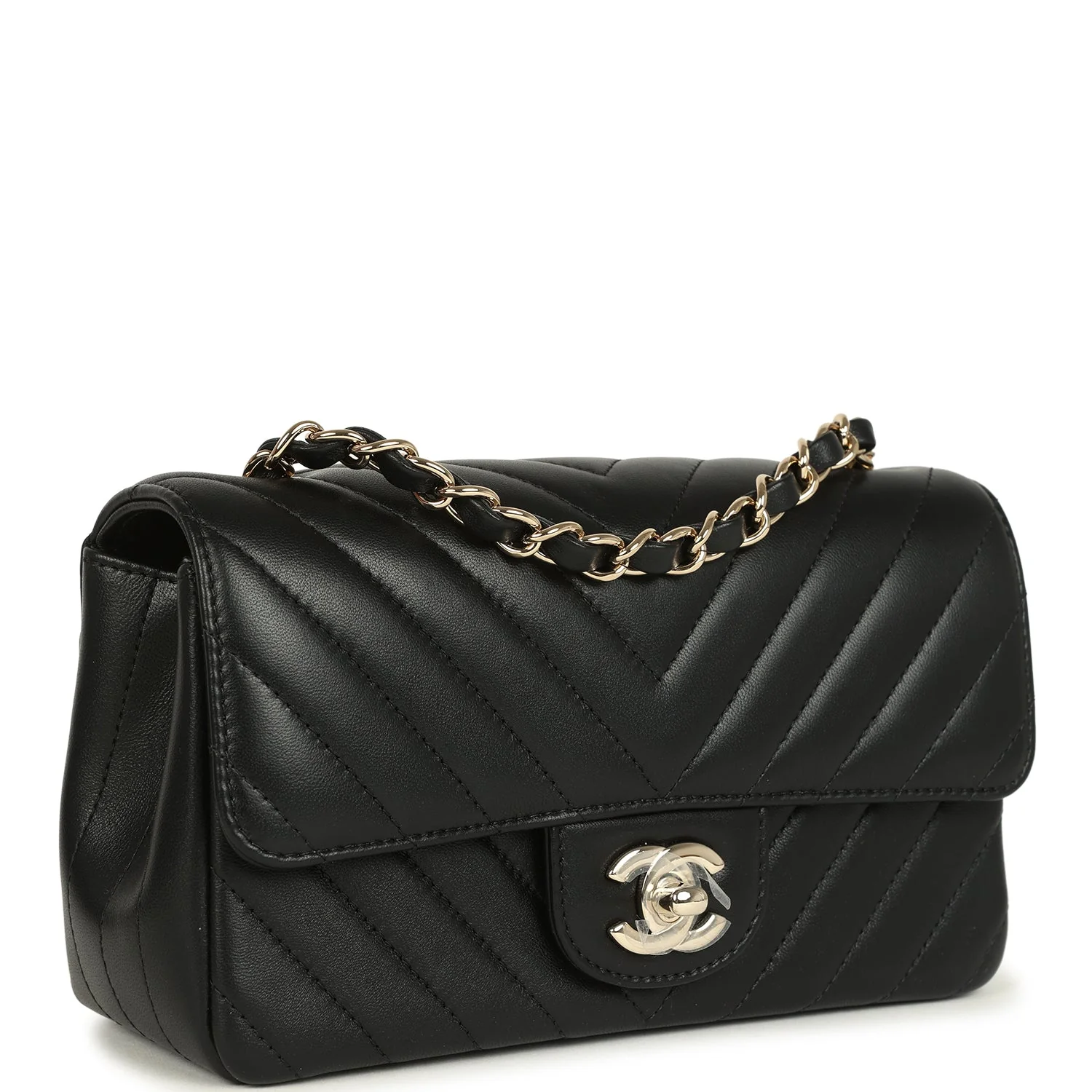 Mini Chevron Classic Rectangular Flap Bag Black Lambskin Light Gold Hardware