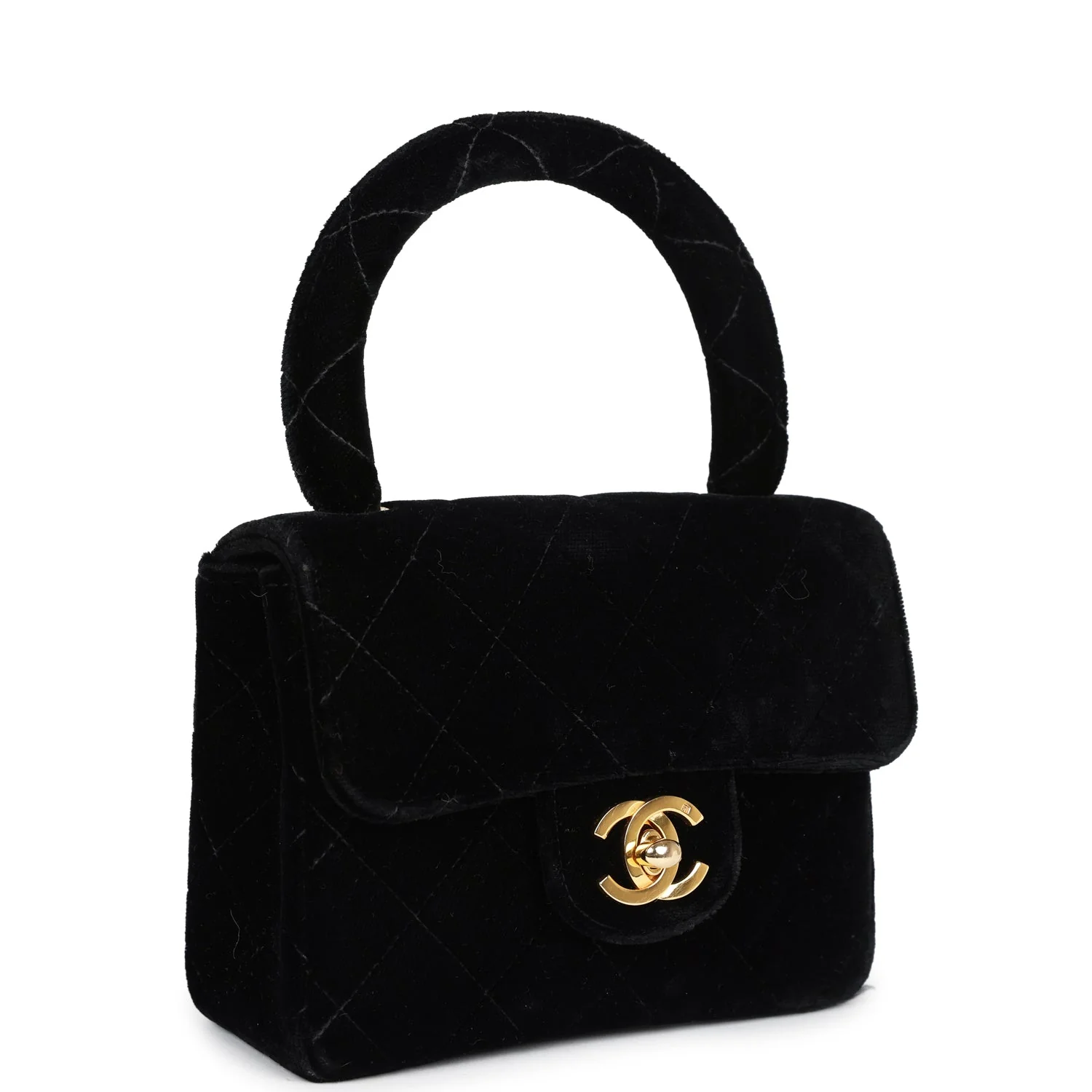 Vintage  Micro Kelly Child Flap Bag Black Velvet Gold Hardware