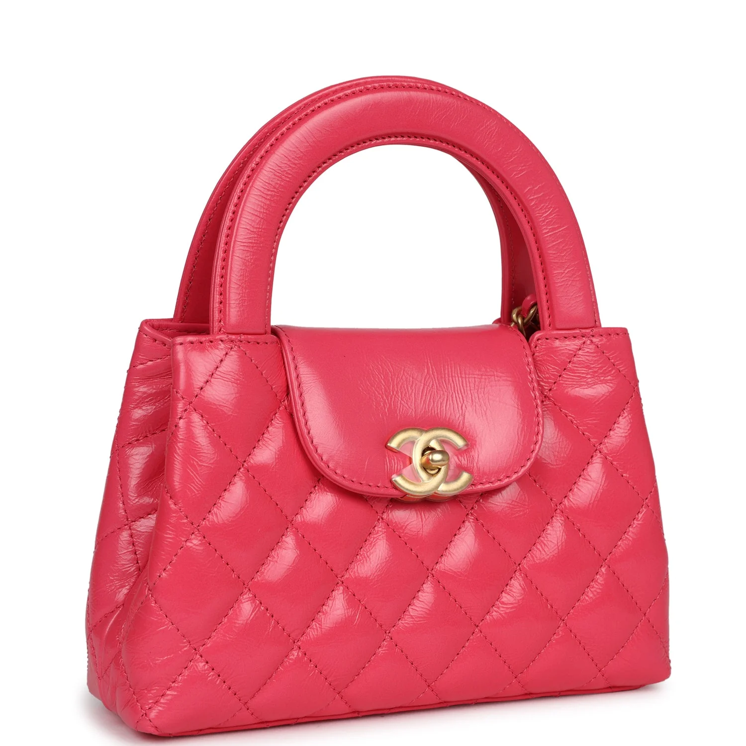 Small Kelly Shopper Dark Pink Shiny Aged Calfskin Brushed Gold Hardware