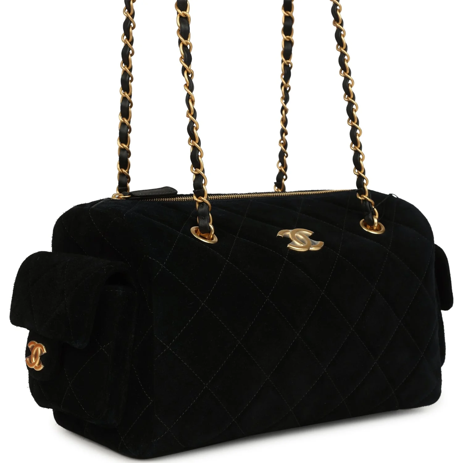 Small Bowling Bag Black Suede Antique Gold Hardware