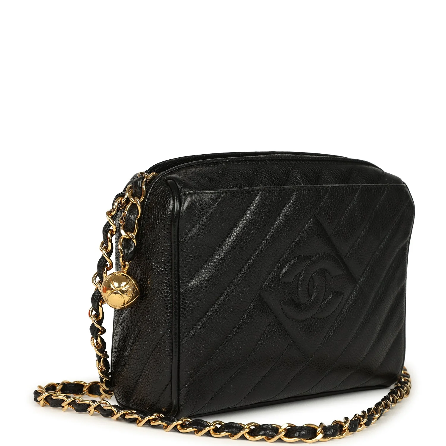 Vintage  Mini Diagonal Quilted Camera Bag Black Caviar Gold Hardware