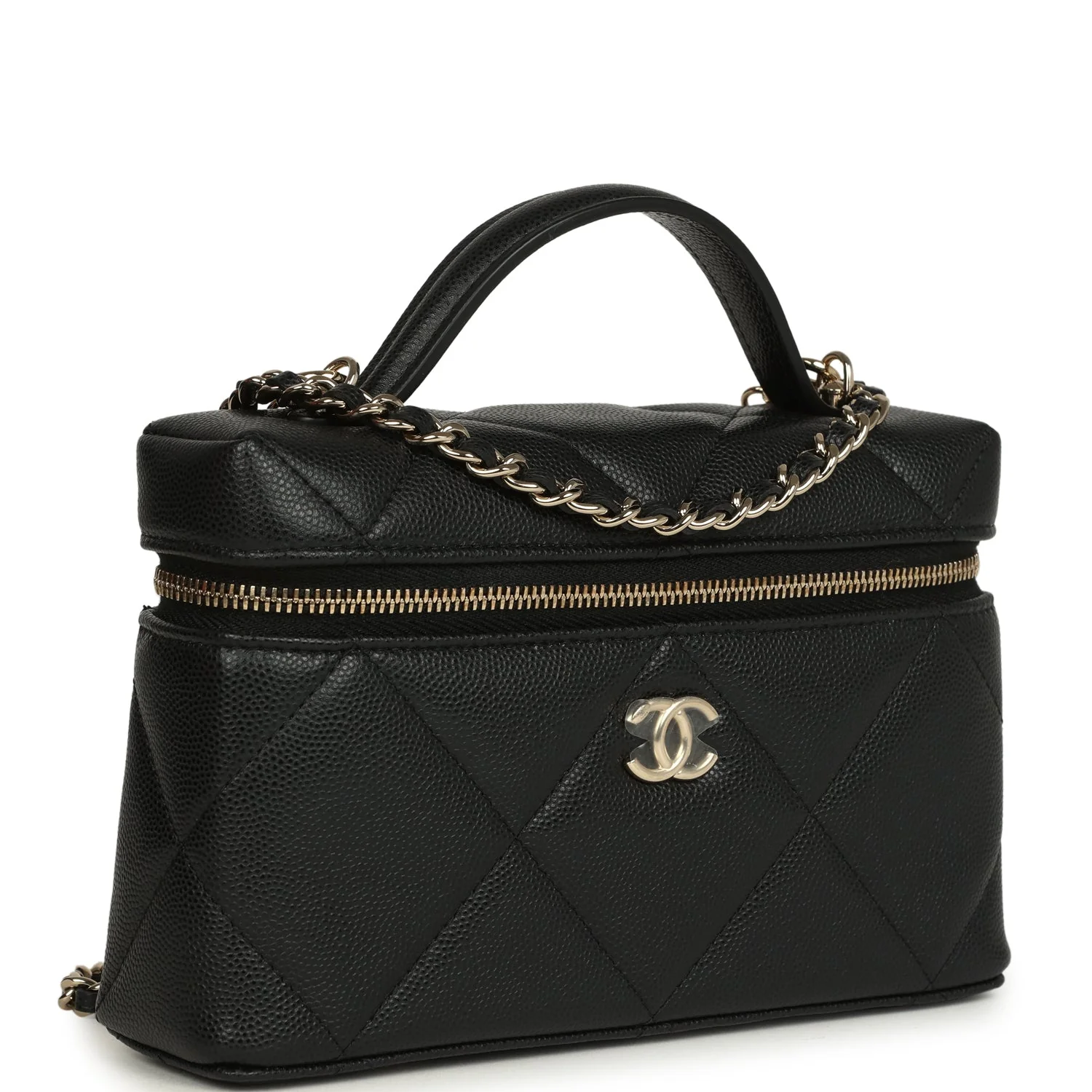 Top Handle Slim Vanity Case with Chain Black Shiny Caviar Light Gold Hardware