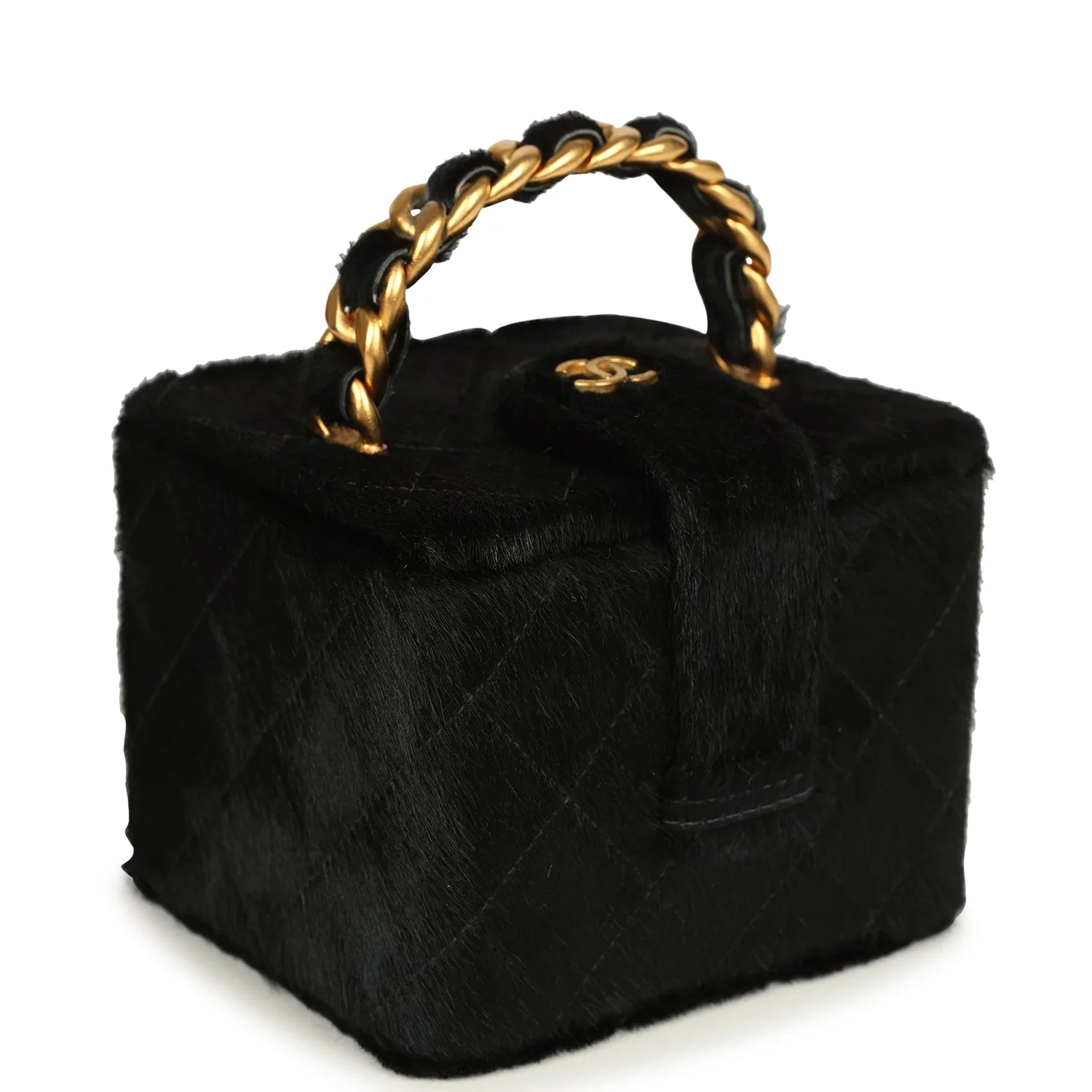 Vintage  Square Vanity Box Black Pony Hair Antique Gold Hardware