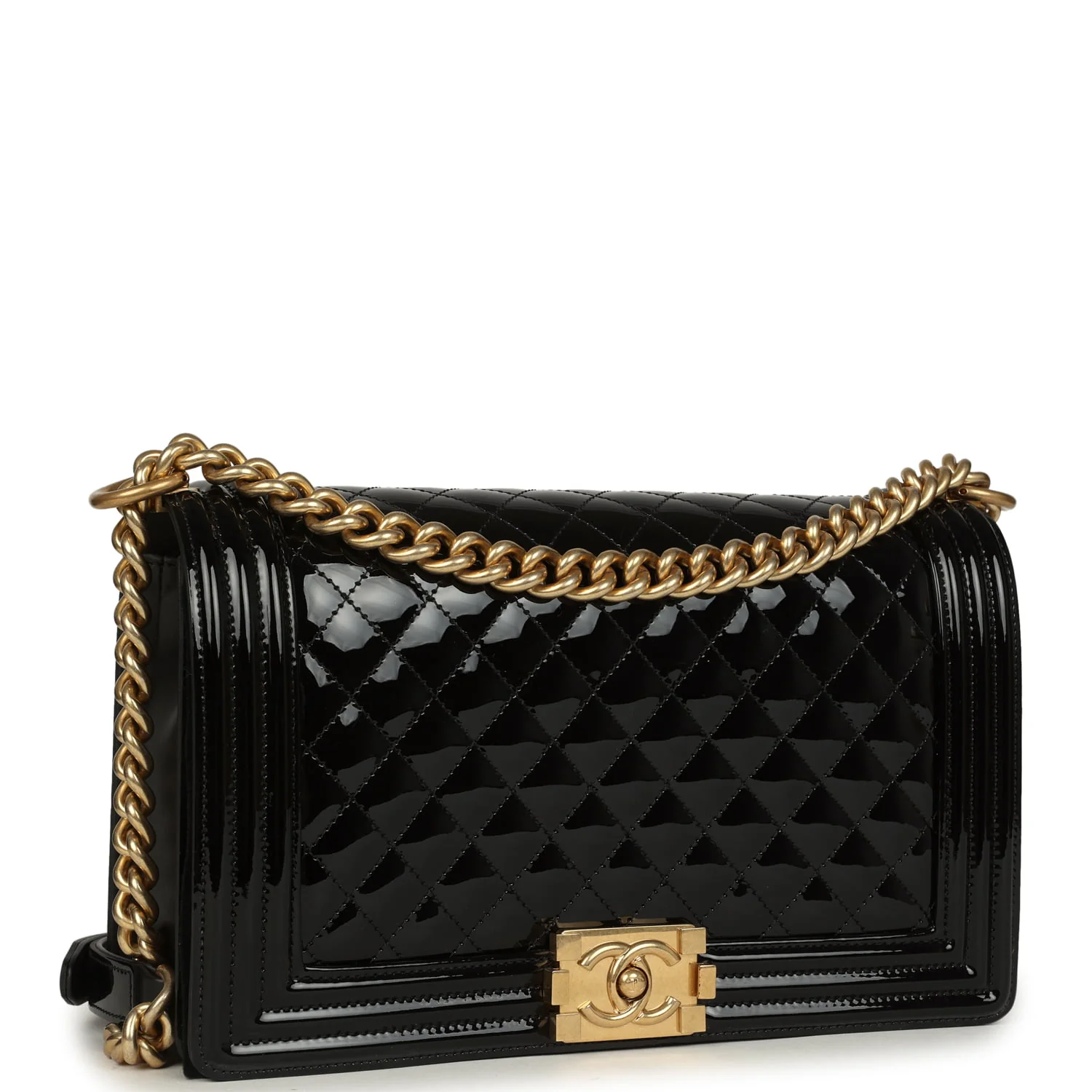 Medium Boy Bag Black Patent Antique Gold Hardware