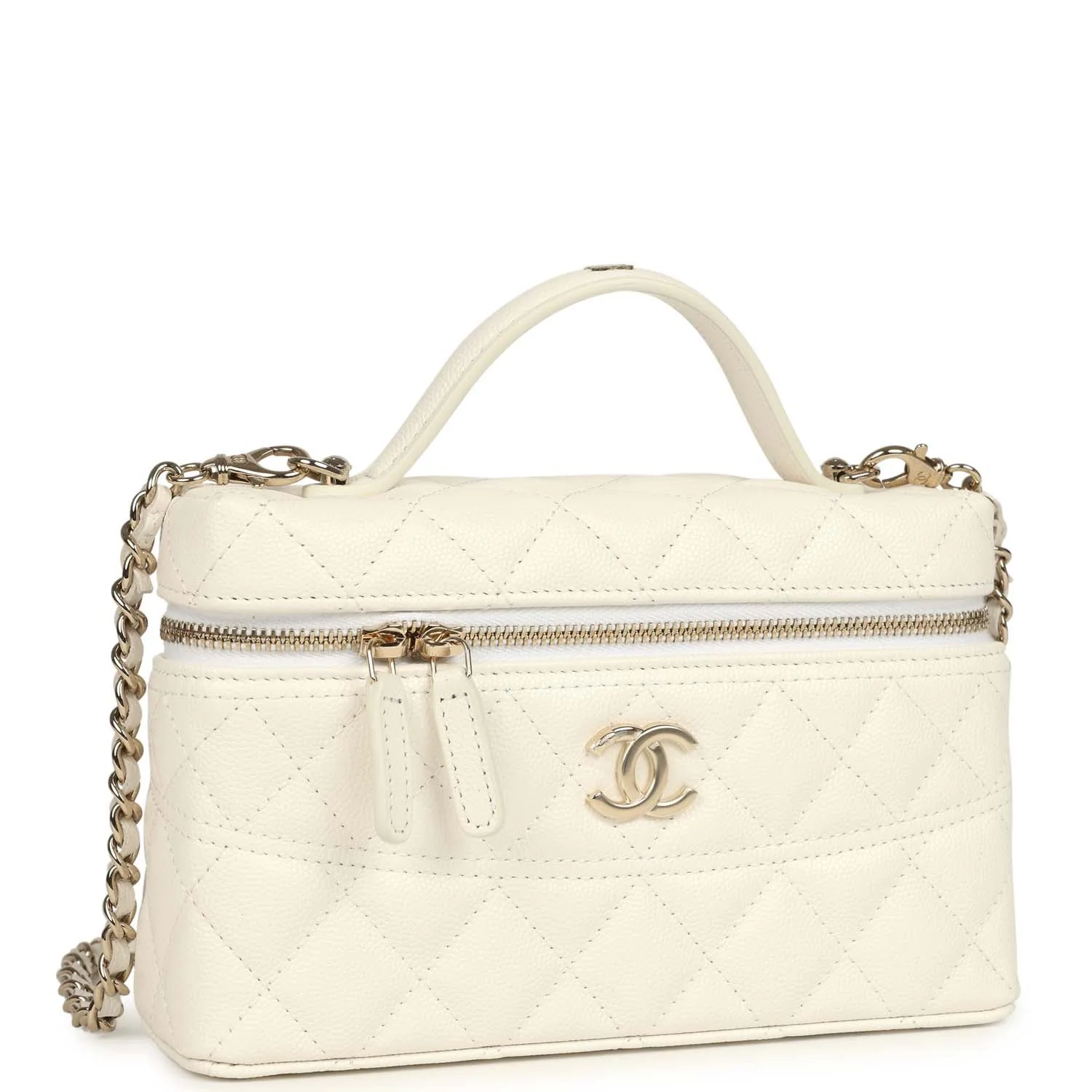 Trendy Top Handle Long Vanity Case with Chain White Caviar Light Gold Hardware