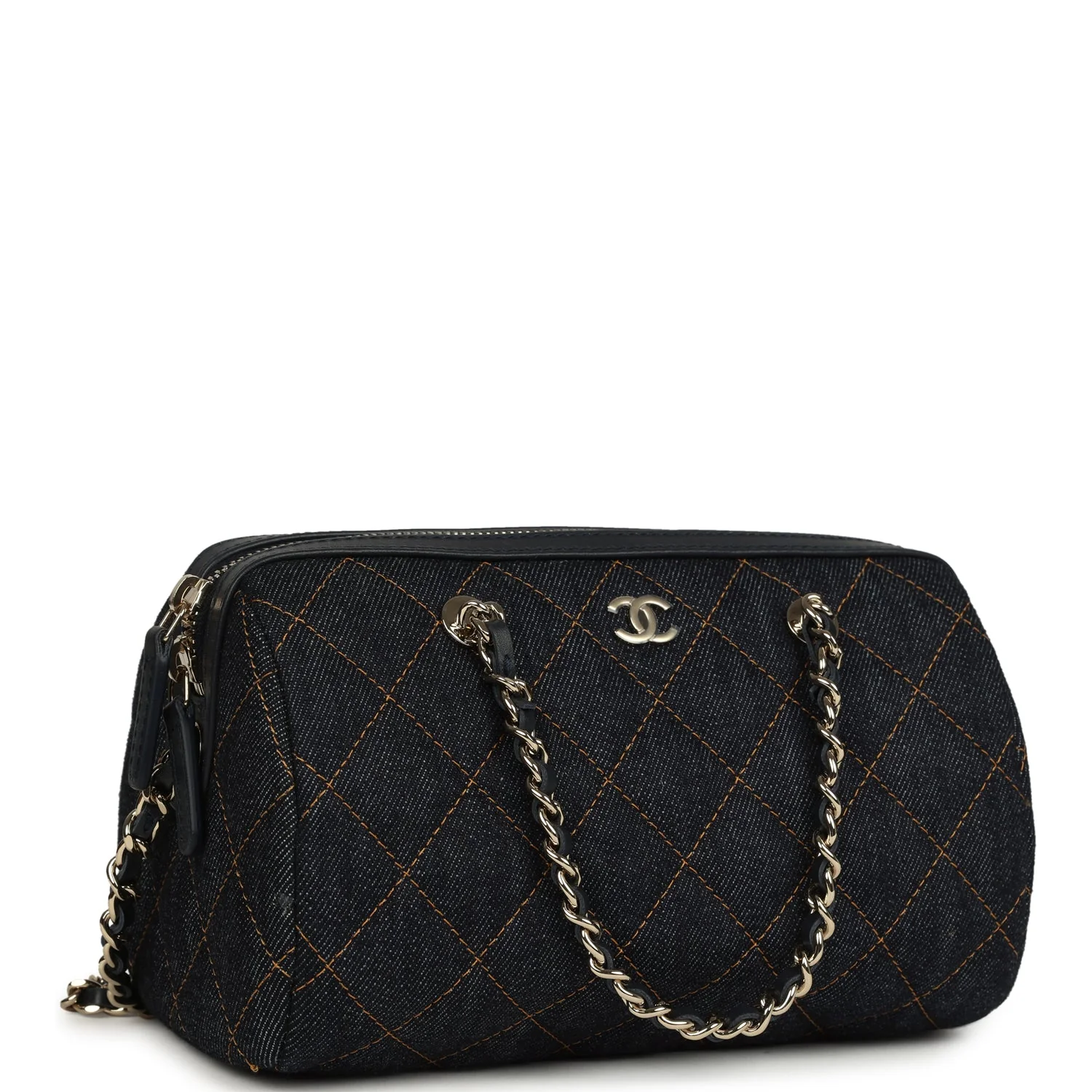 Mini Timeless Classic Barrel Bag with Chain Dark Blue Denim Light Gold Hardware