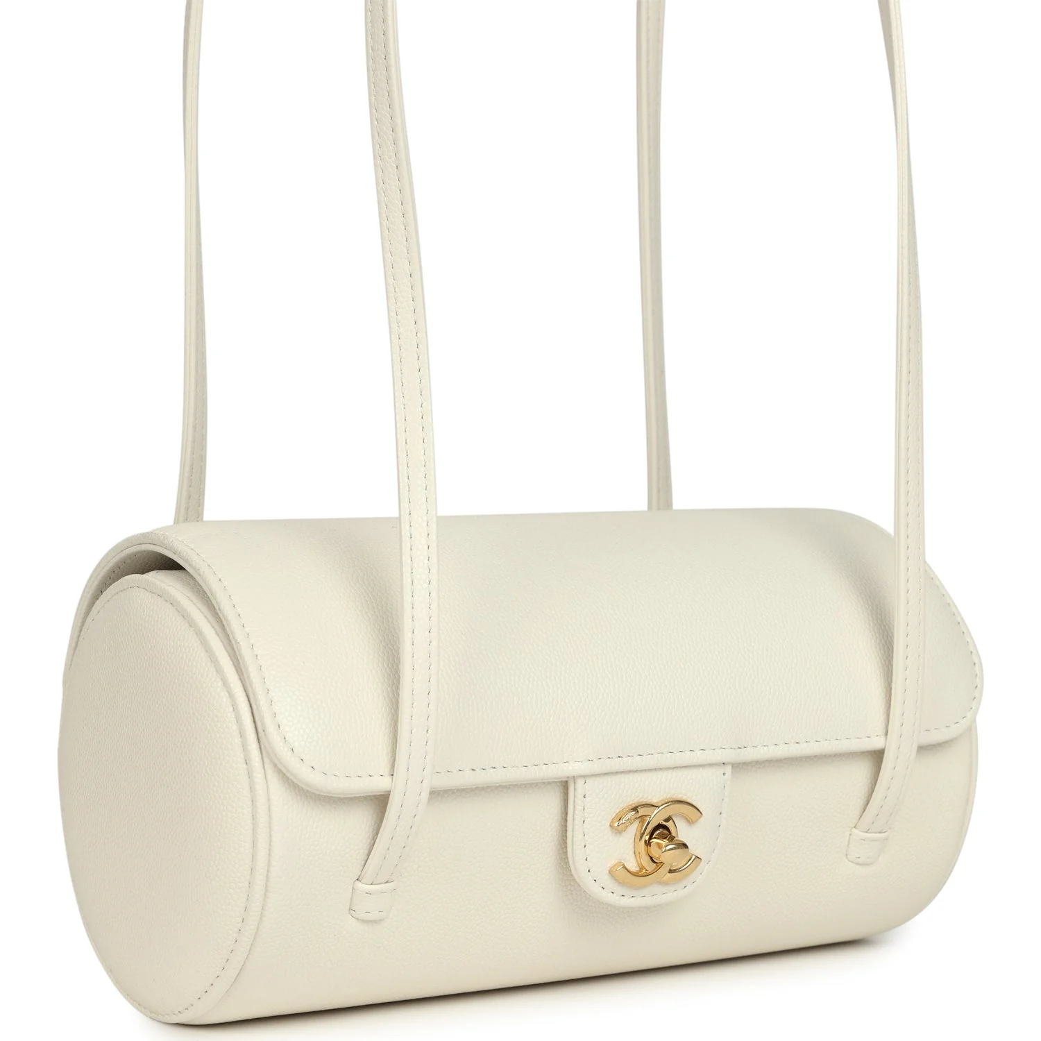 Preppy Coco Bowling Bag White Shiny Caviar Brushed Gold Hardware